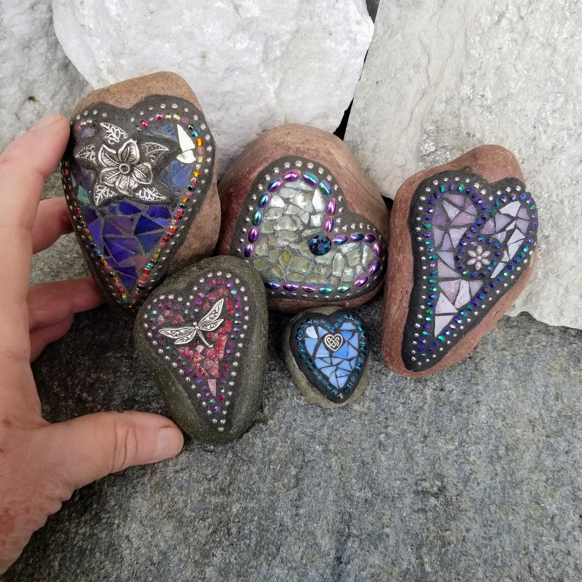 Mosaic Garden Stone Set of 5  #13 Group Mosaic Hearts  