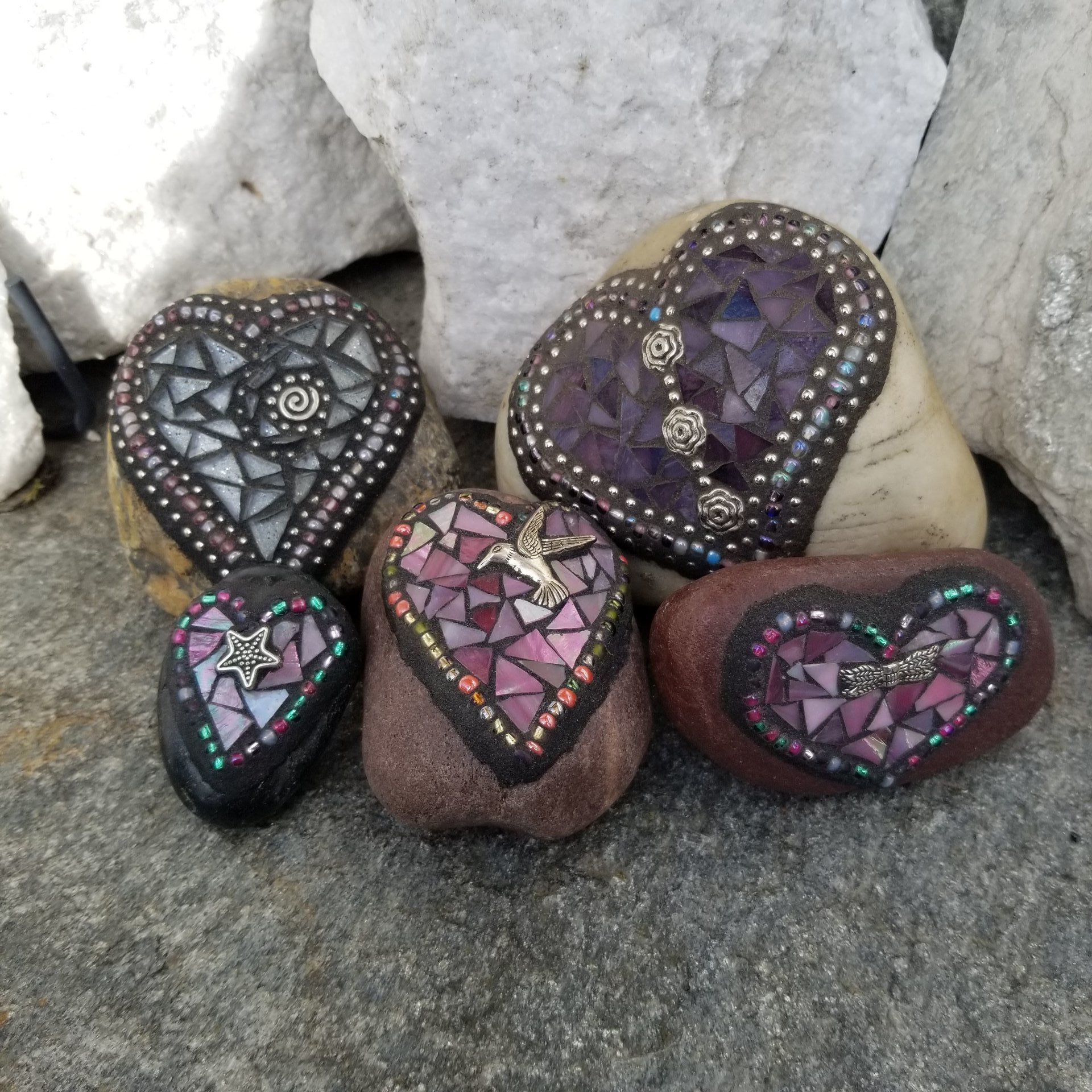 Mosaic Garden Stone Set of 5  #12 Group Mosaic Hearts  