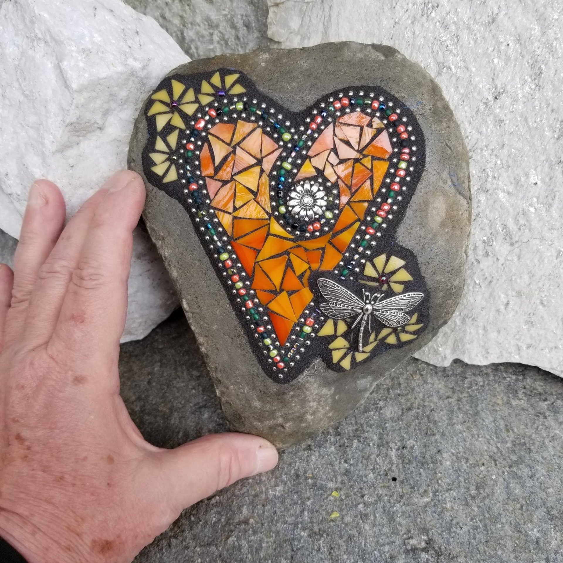 Orange Mosaic Heart Garden Stone with Yellow Pinwheel Flowers