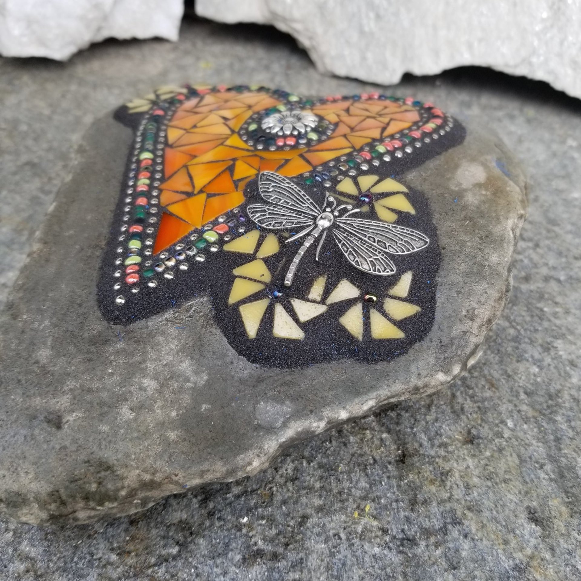 Orange Mosaic Heart Garden Stone with Yellow Pinwheel Flowers