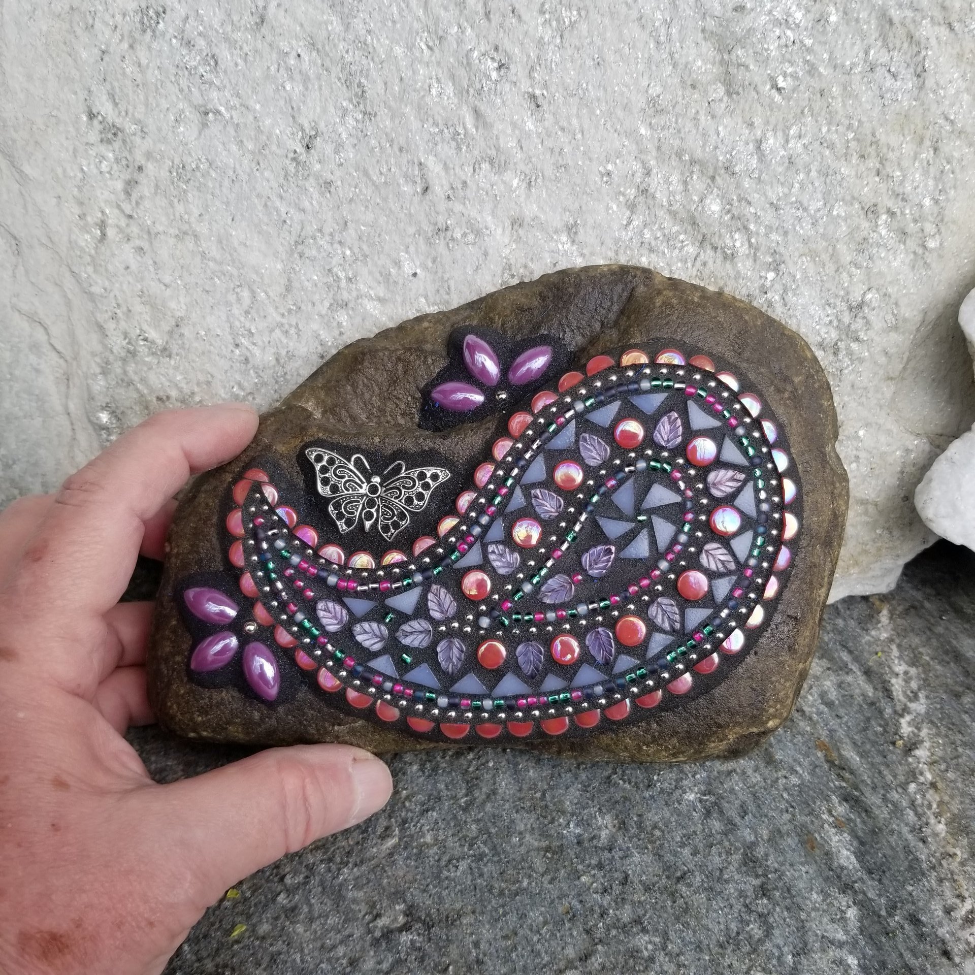 Paisley Iridescent Pink Mosaic, Mosaic Rock, Mosaic Garden Stone,