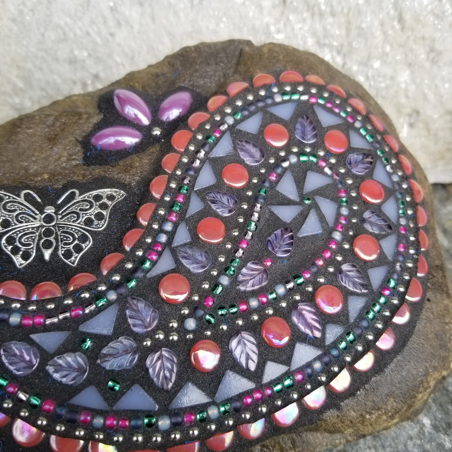 Paisley Iridescent Pink Mosaic, Mosaic Rock, Mosaic Garden Stone,