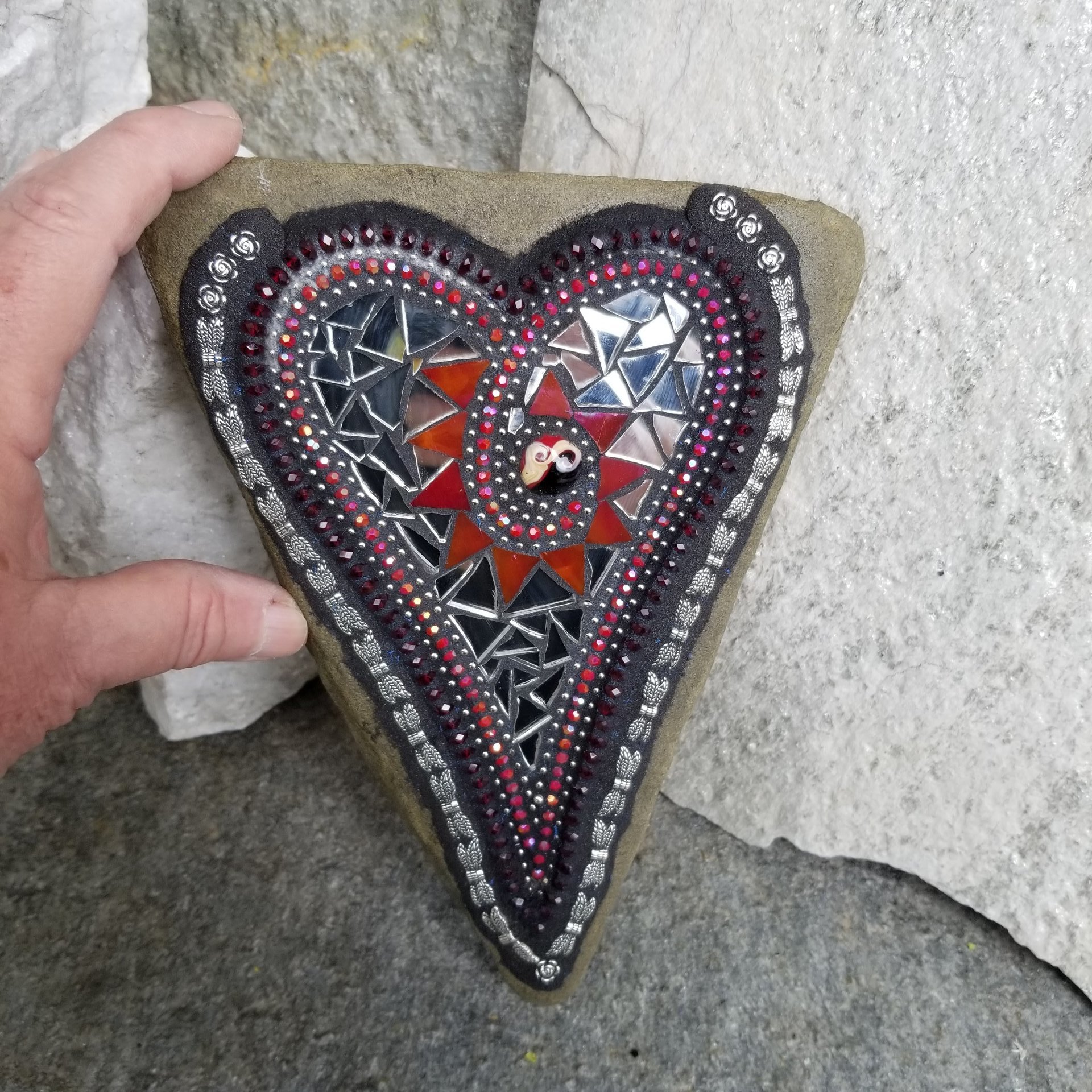 Mirror Dragonfly Wing Heart, Garden Stone, Mosaic, Garden Decor