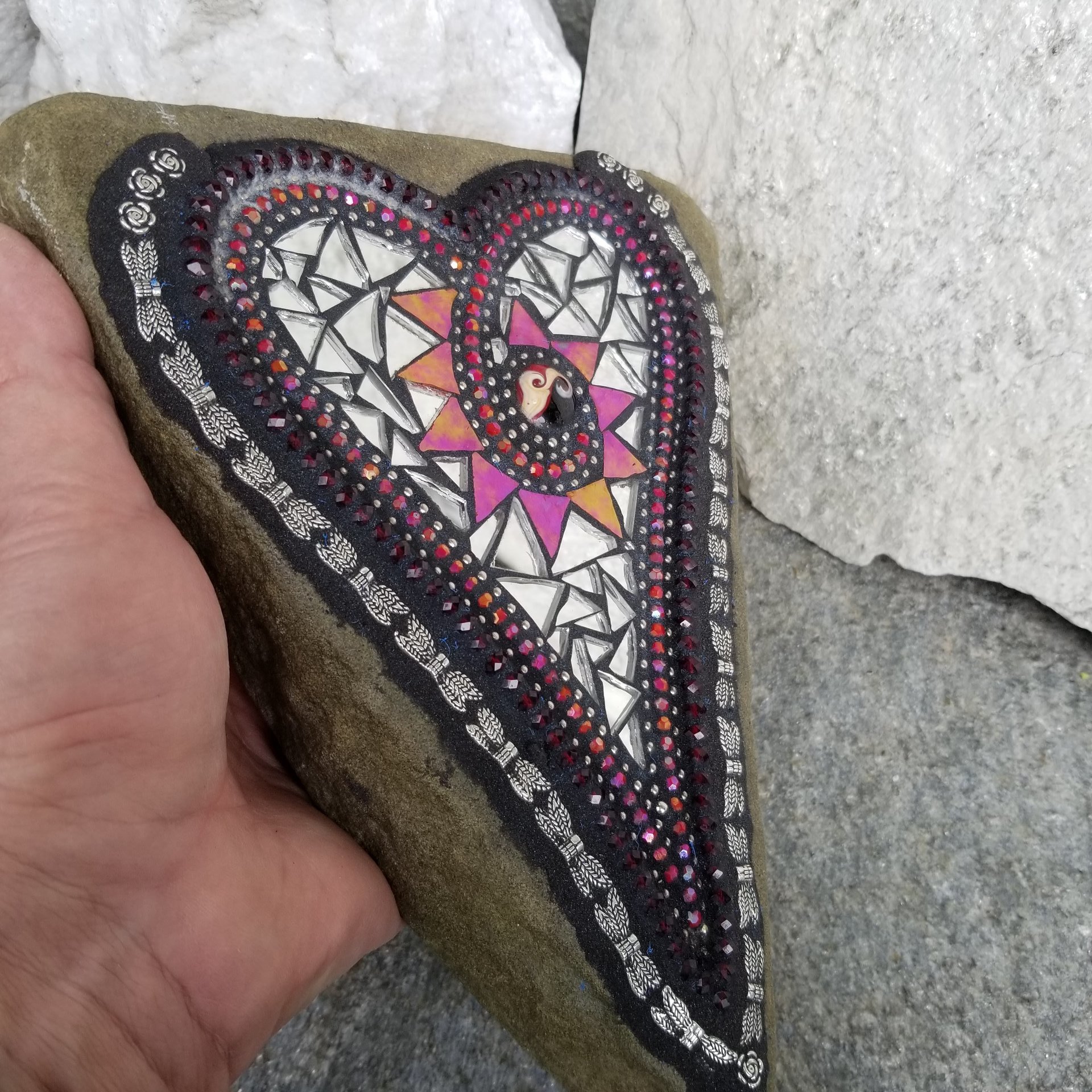 Mirror Dragonfly Wing Heart, Garden Stone, Mosaic, Garden Decor