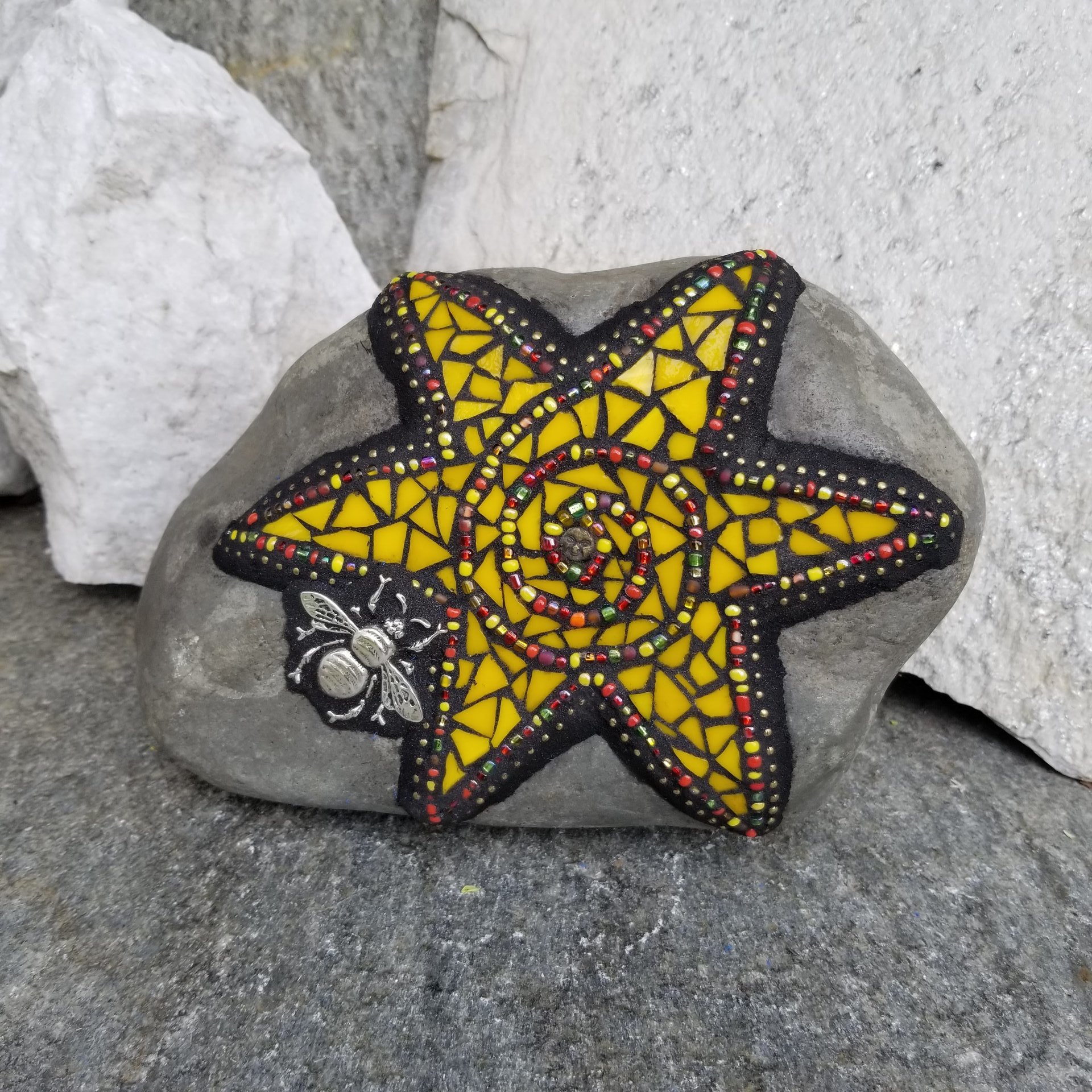 Yellow Mosaic Sun, Bee and Flowers Garden Stone, Garden Decor