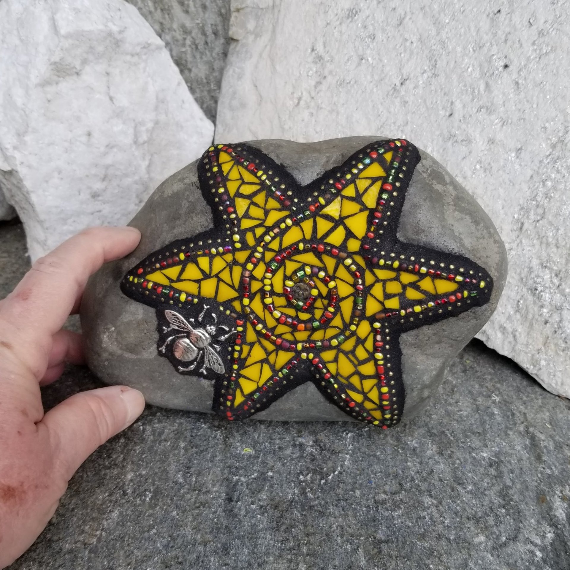 Yellow Mosaic Sun, Bee and Flowers Garden Stone, Garden Decor