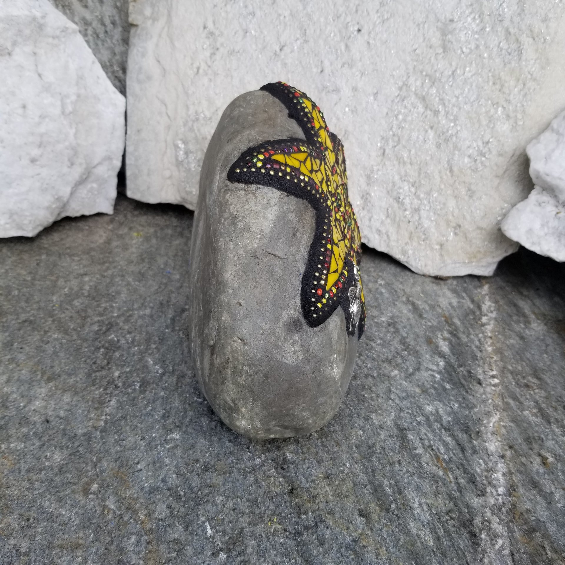 Yellow Mosaic Sun, Bee and Flowers Garden Stone, Garden Decor