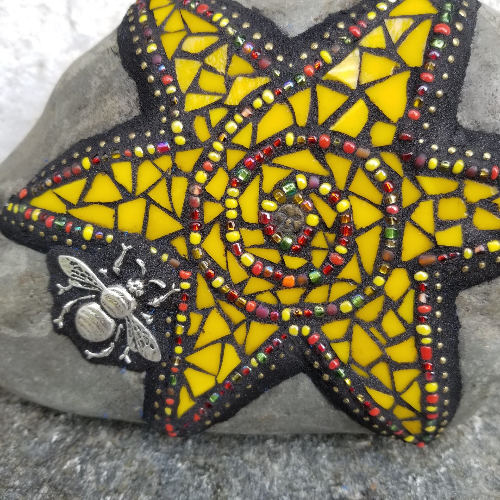 Yellow Mosaic Sun, Bee and Flowers Garden Stone, Garden Decor