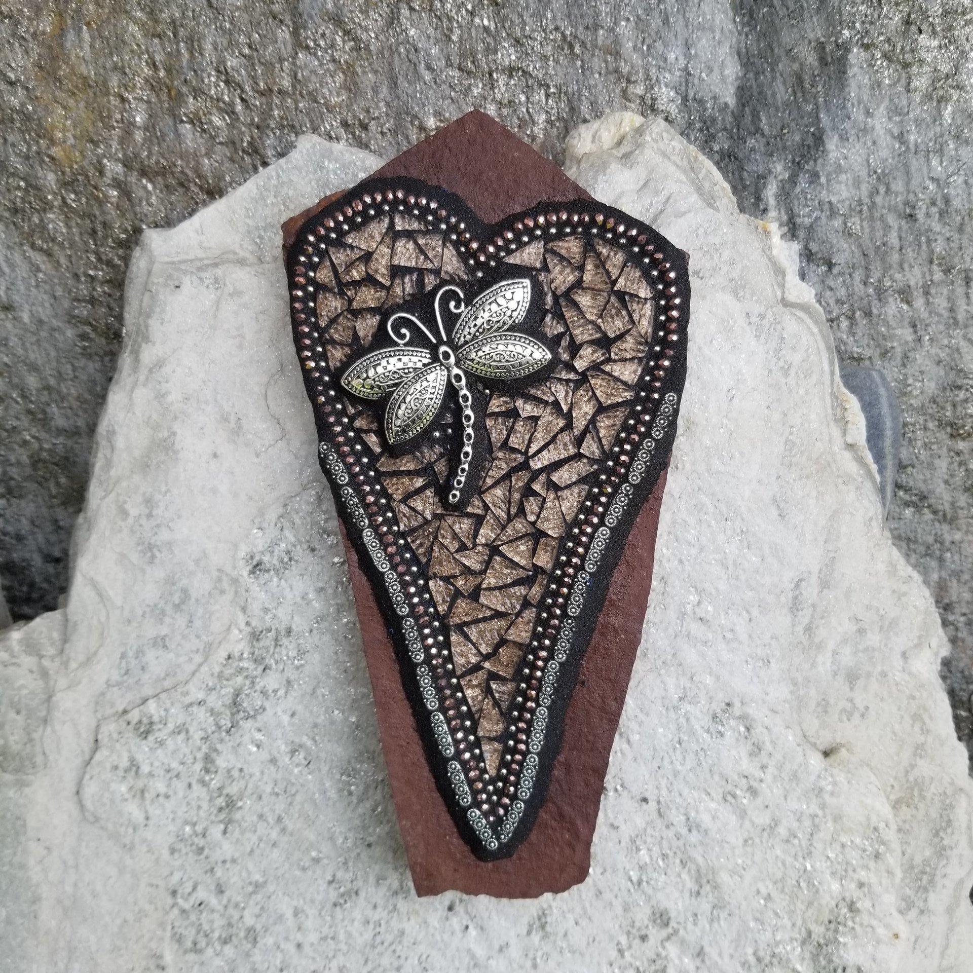 Copper Brown Heart, Wall Hanging Slate, Dragonfly Mosaic Garden Stone, Porch Decor, Wall Decor