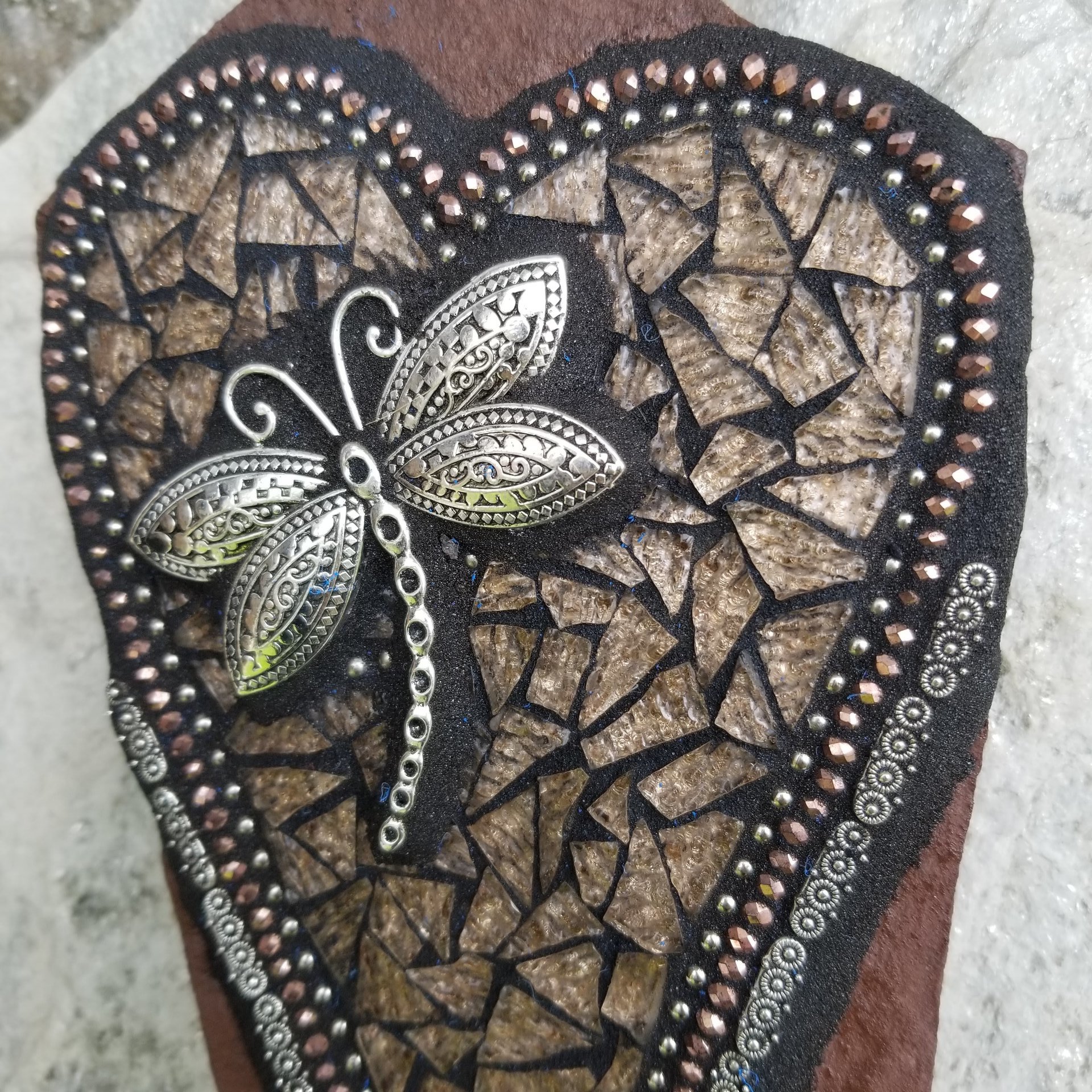 Copper Brown Heart, Wall Hanging Slate, Dragonfly Mosaic Garden Stone, Porch Decor, Wall Decor