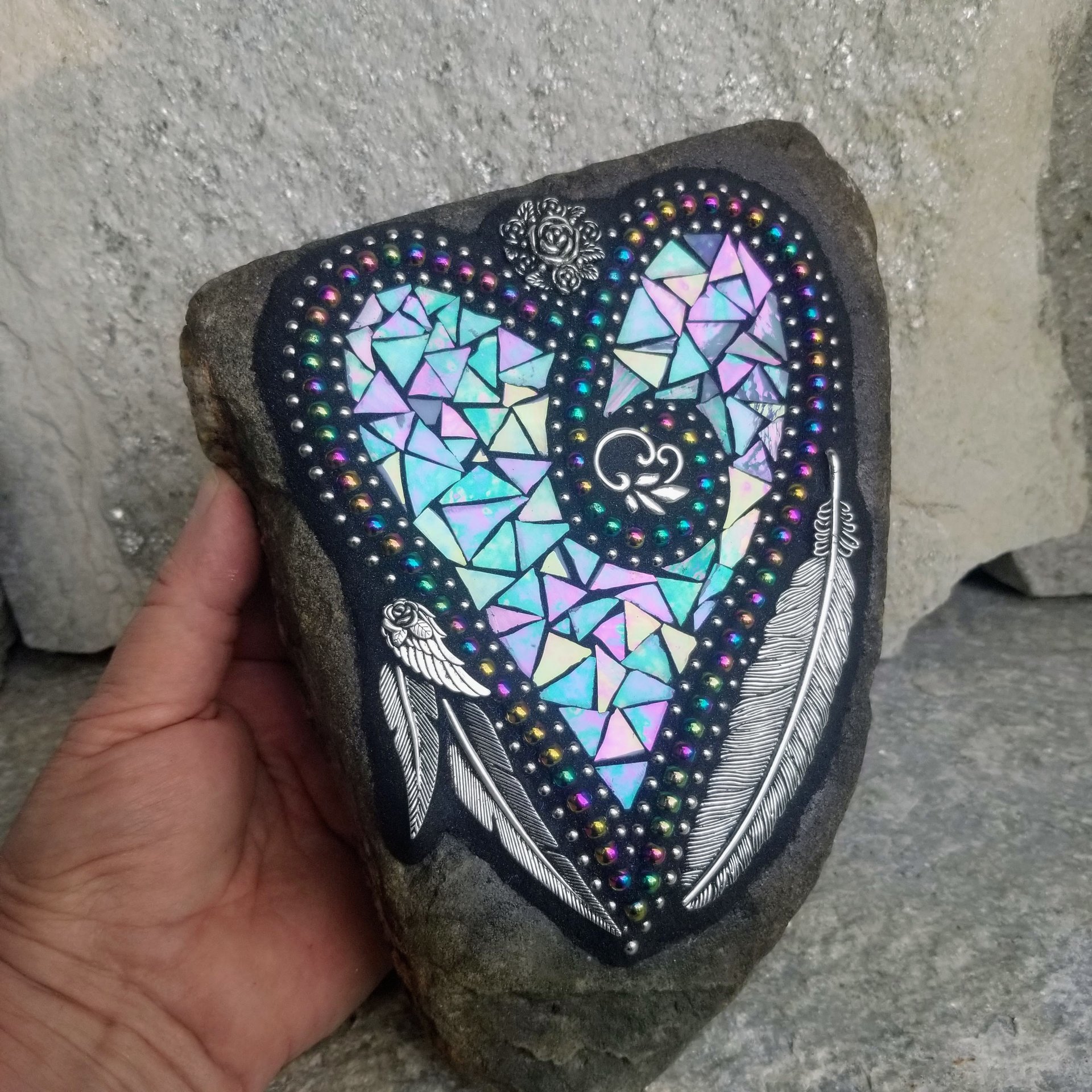 Iridescent Blue Feather Mosaic Heart, Garden Stone, Garden Decor