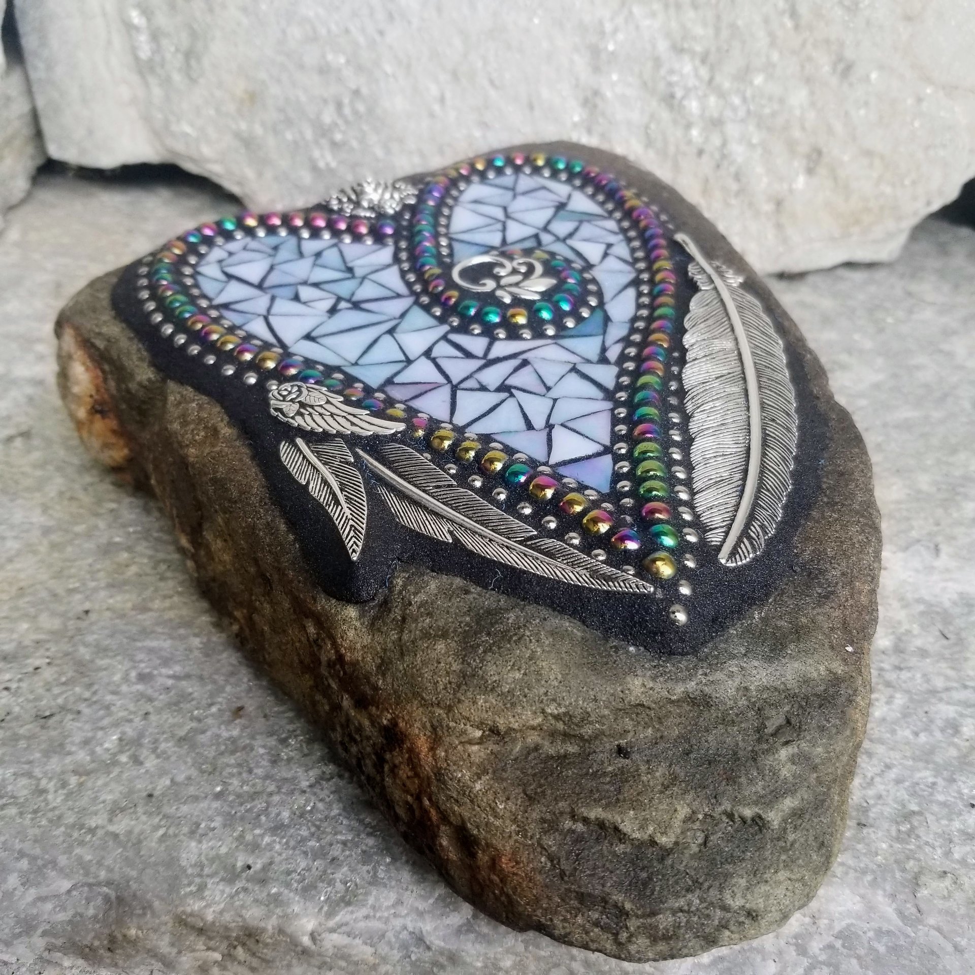 Iridescent Blue Feather Mosaic Heart, Garden Stone, Garden Decor