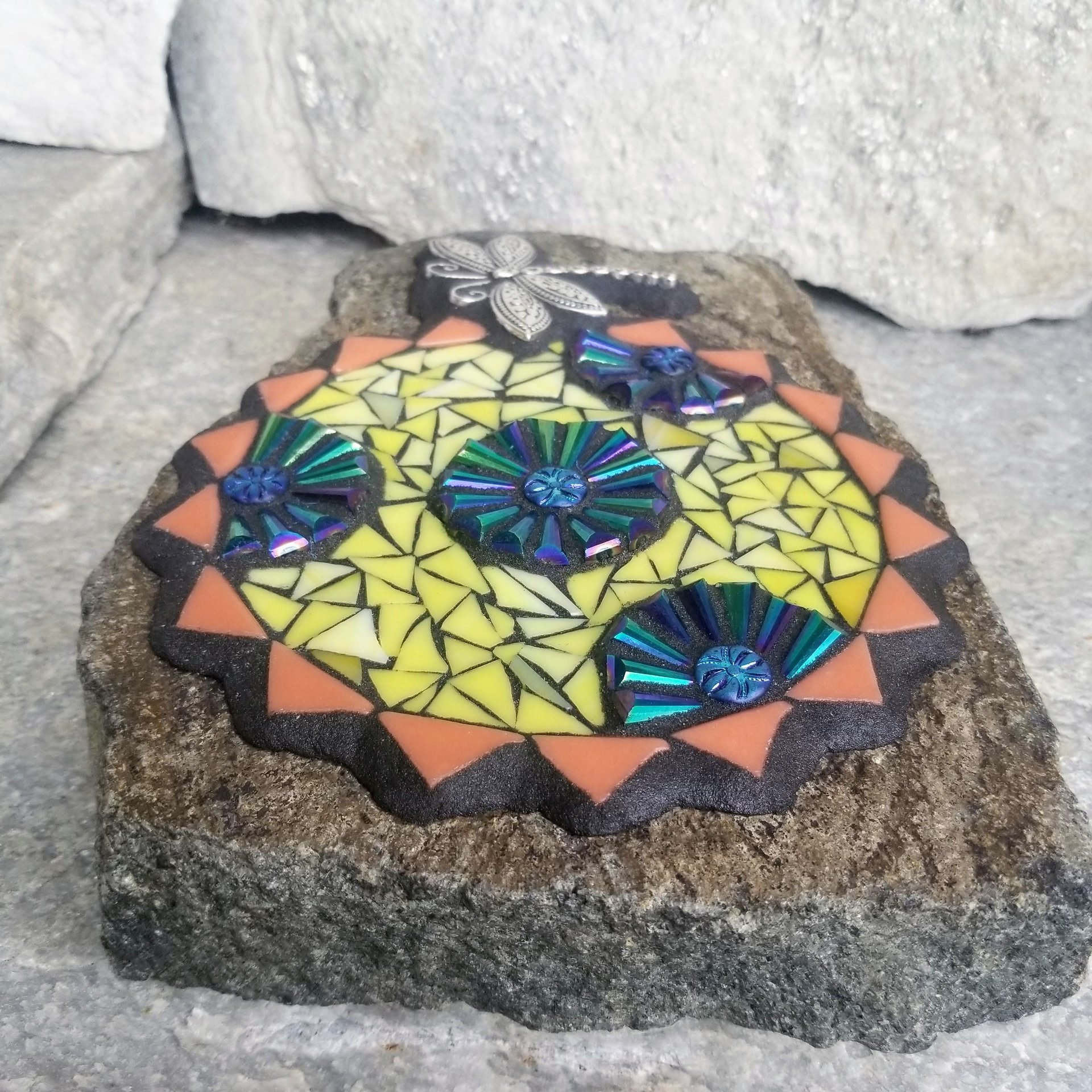 Yellow Mosaic Sun, Bee and Flowers Garden Stone, Garden Decor