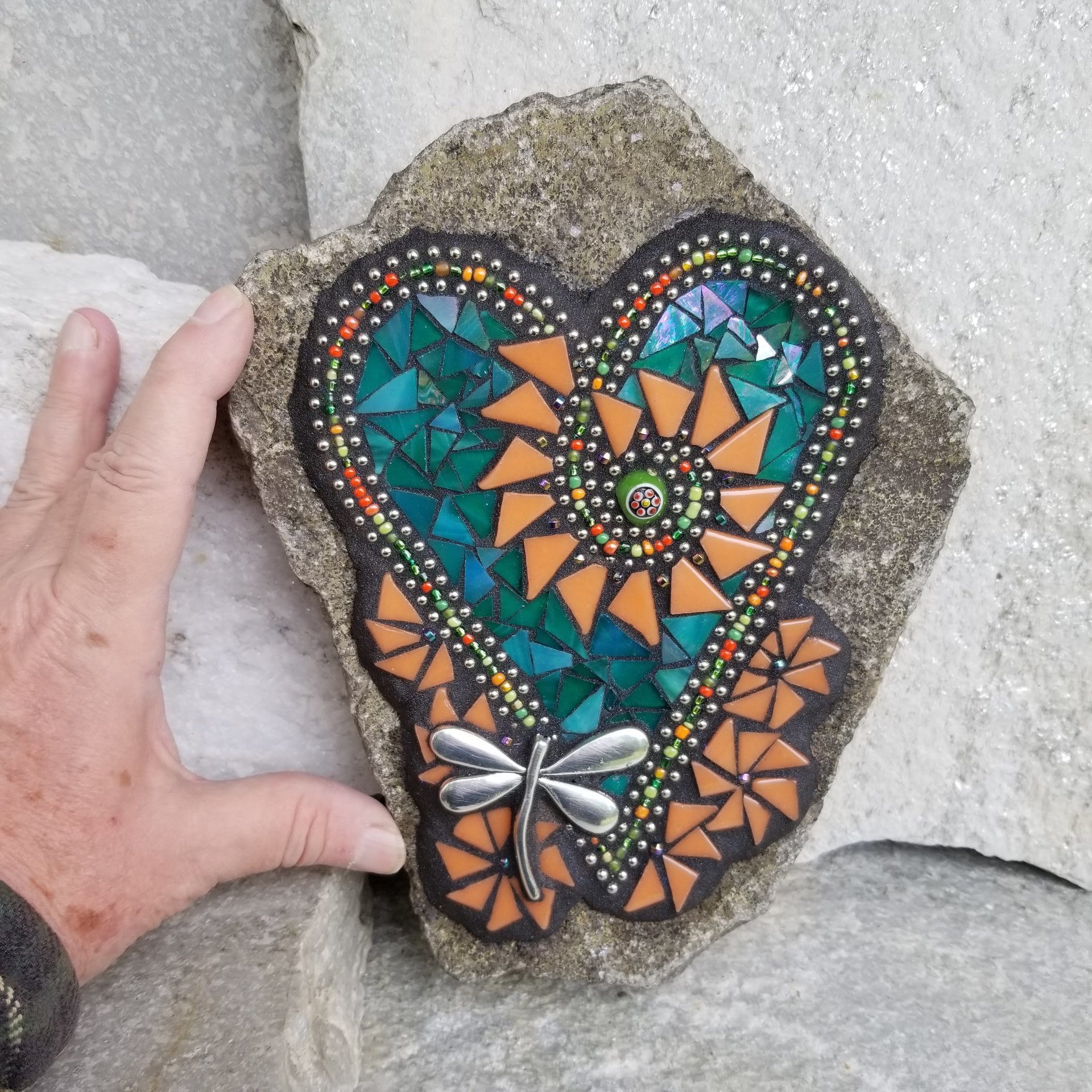 Iridescent Green Mosaic Heart Garden Stone with Orange Pinwheel Flowers