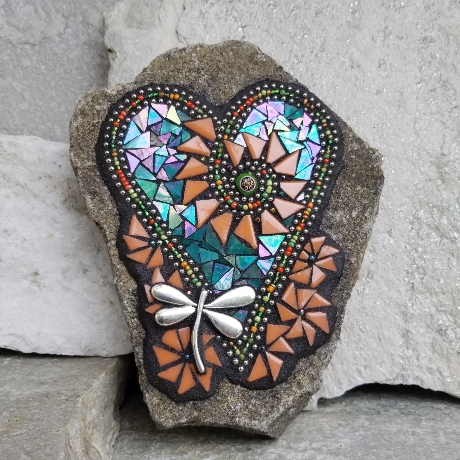 Iridescent Green Mosaic Heart Garden Stone with Orange Pinwheel Flowers