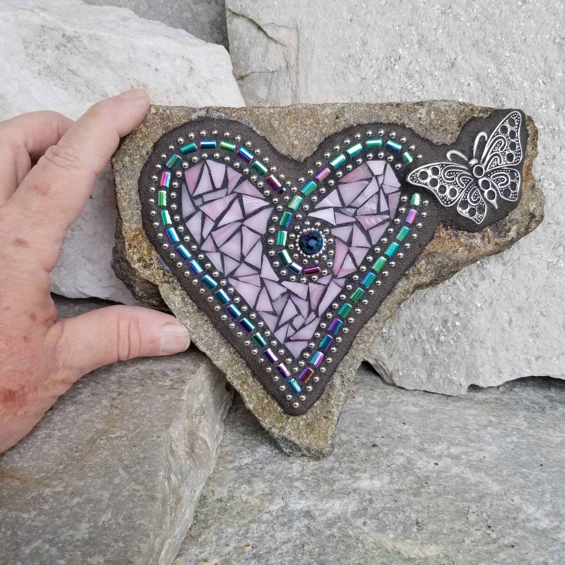 Pink Mosaic Heart Garden Stone with Butterfly