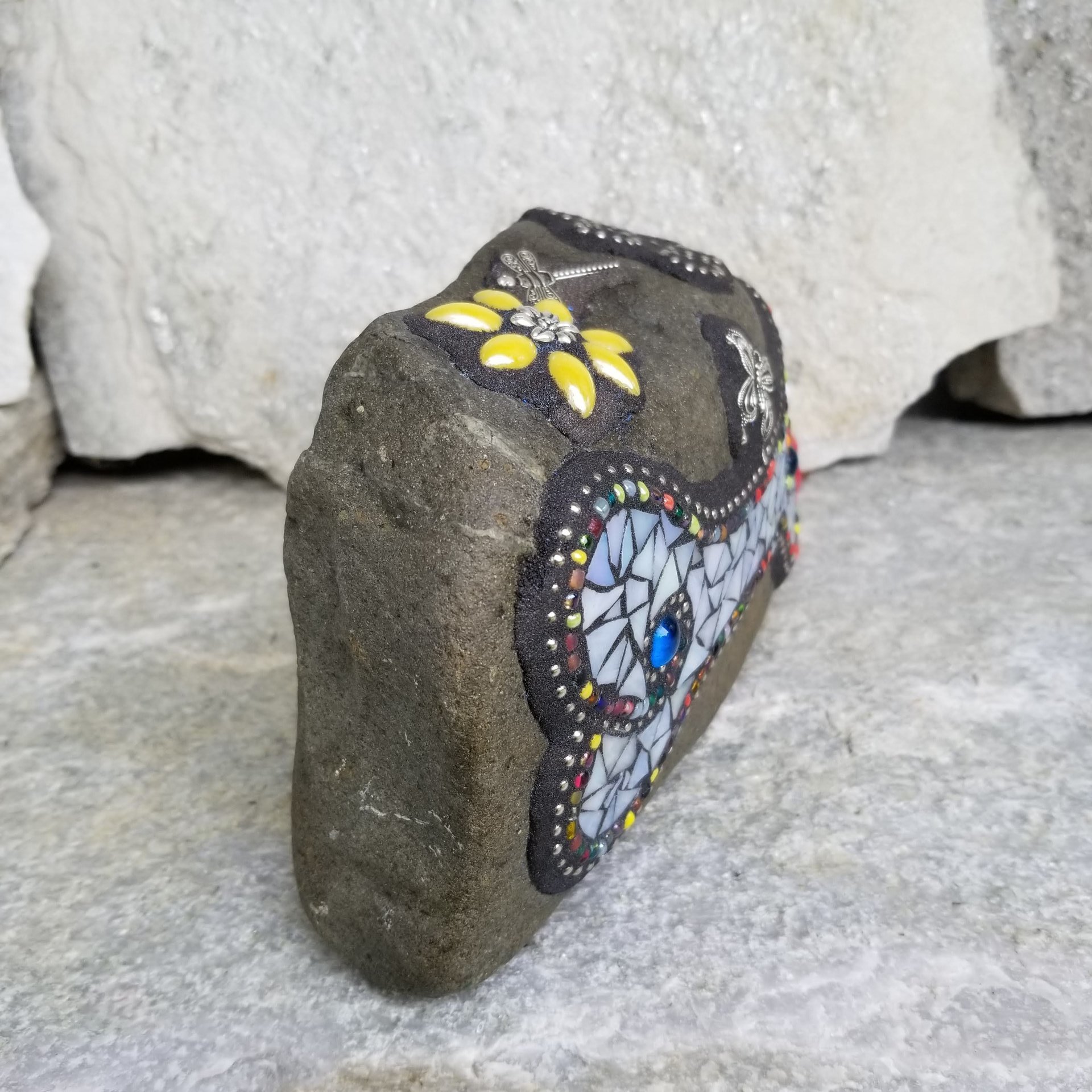 Iridescent White Mosaic Dog Bone Garden Stone, Pet Memorial Garden Decor