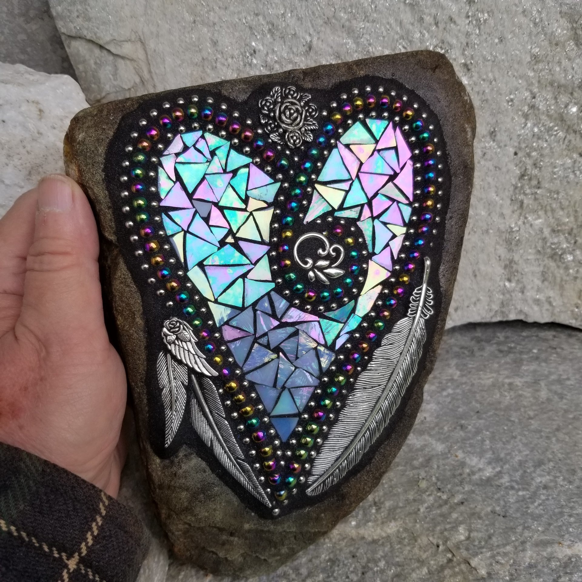 Iridescent Blue Feather Mosaic Heart, Garden Stone, Garden Decor