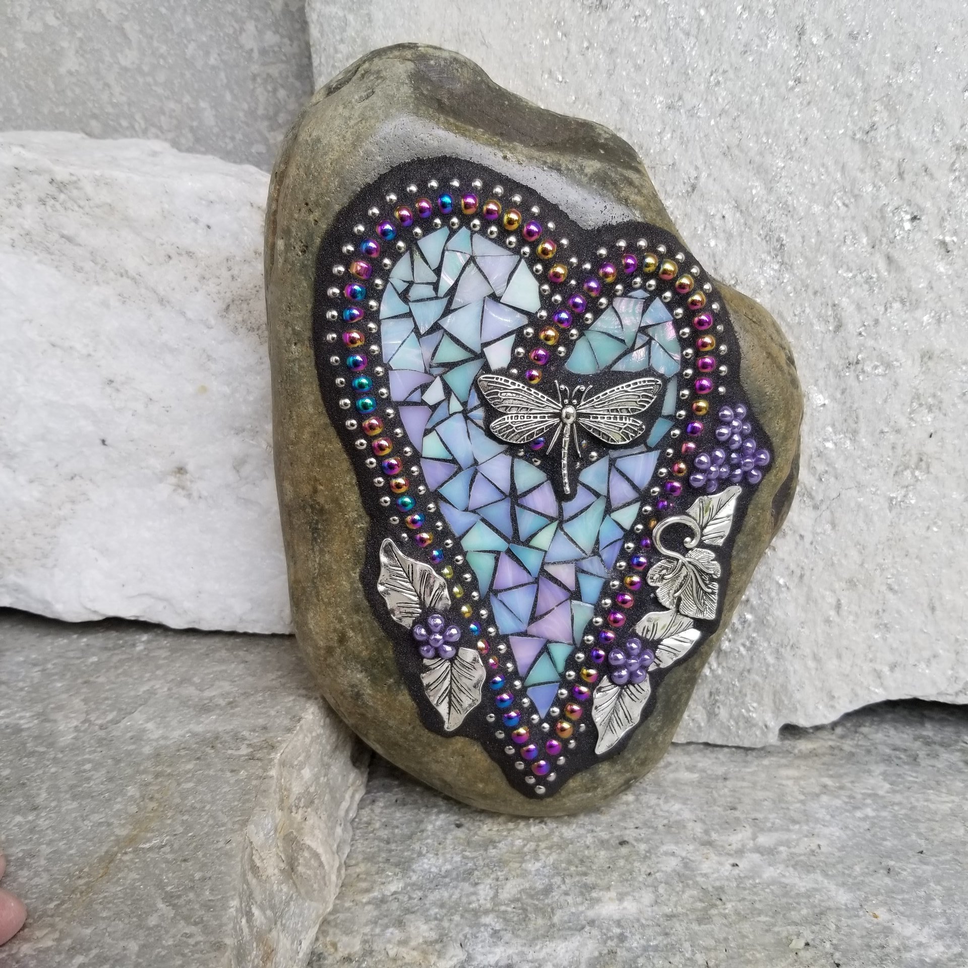 Iridescent Blue Mosaic Heart, Garden Stone, Garden Decor