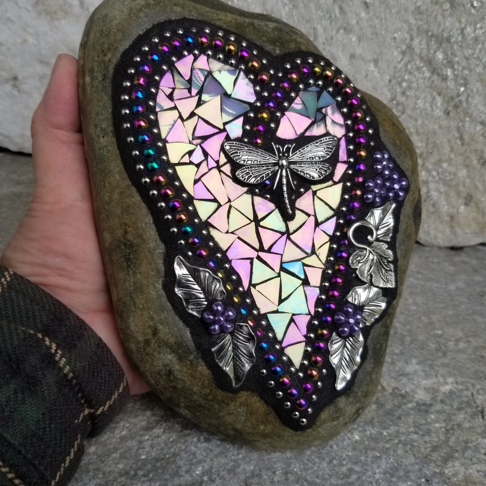 Iridescent Blue Mosaic Heart, Garden Stone, Garden Decor