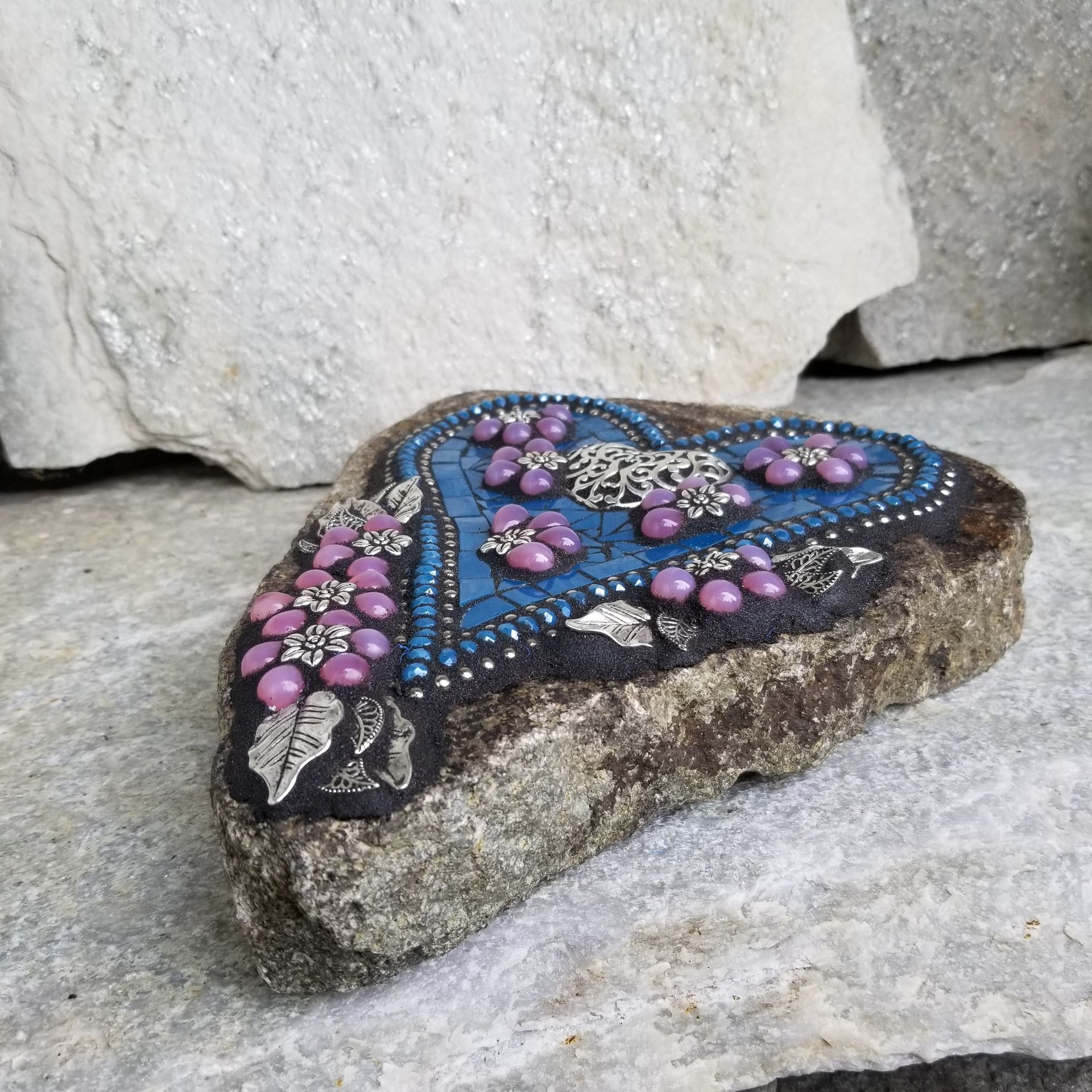 Pink and Blue Mosaic Heart Garden Stone with Orange Pinwheel Flowers