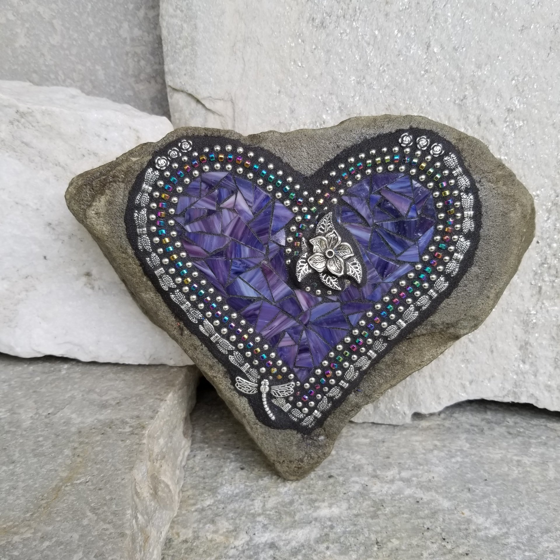 Purple Mosaic Heart Garden Stone with Dragonfly Wings