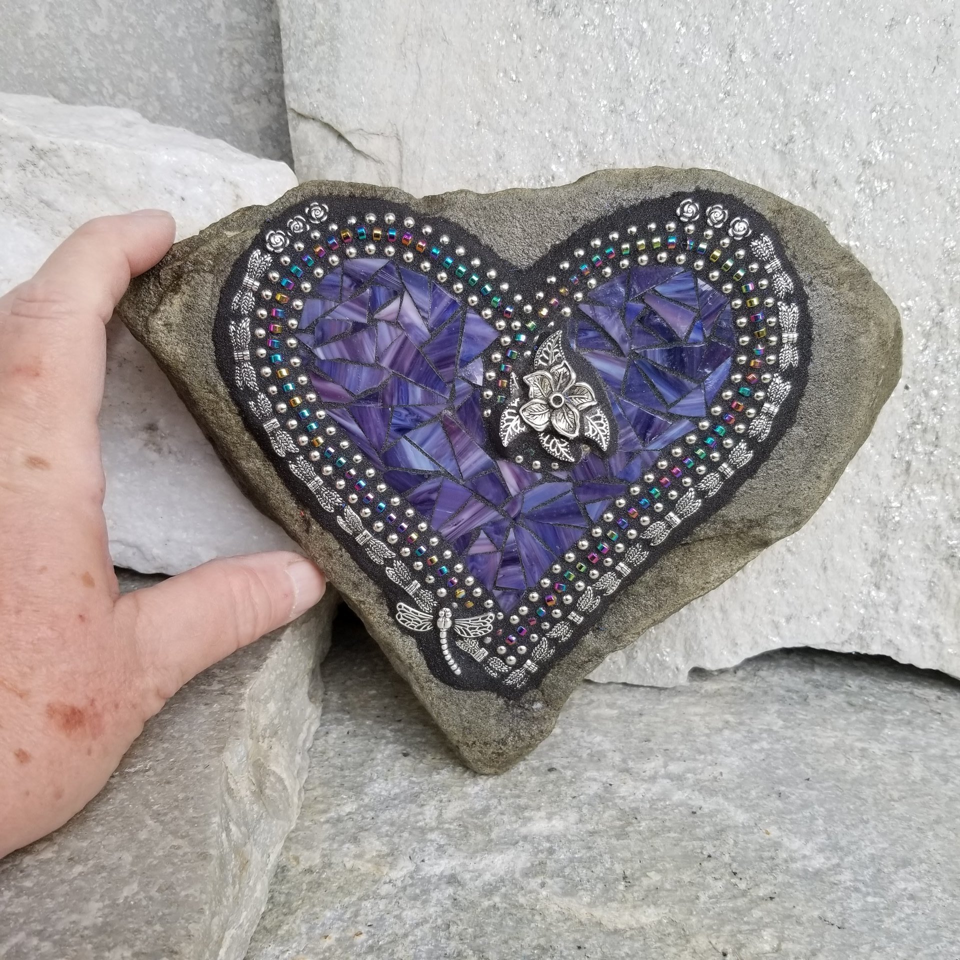 Purple Mosaic Heart Garden Stone with Dragonfly Wings