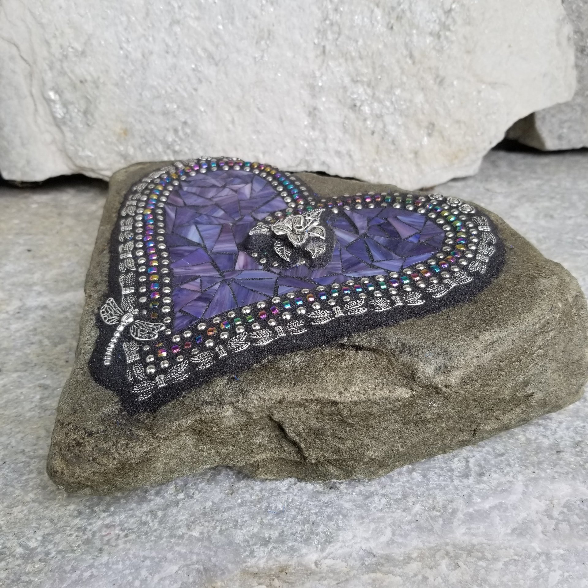 Purple Mosaic Heart Garden Stone with Dragonfly Wings