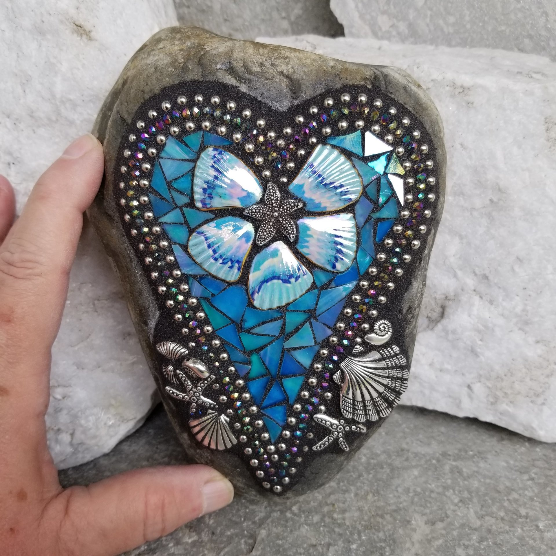 Iridescent Blue Mosaic Heart, Seashells, Garden Stone 