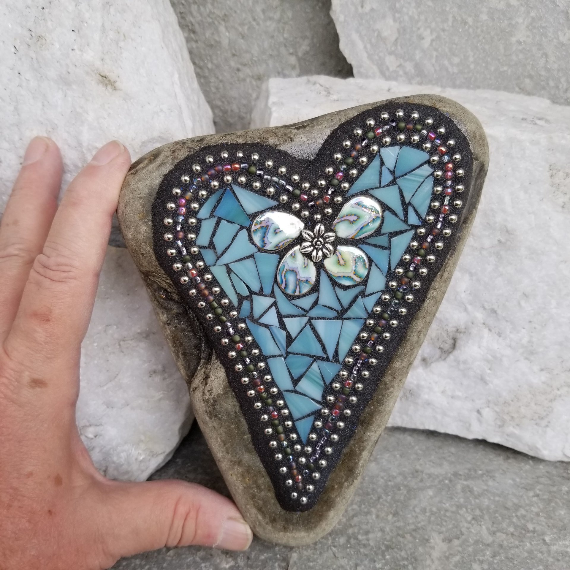 Dusty Teal Blue Mosaic Heart Garden Stone 