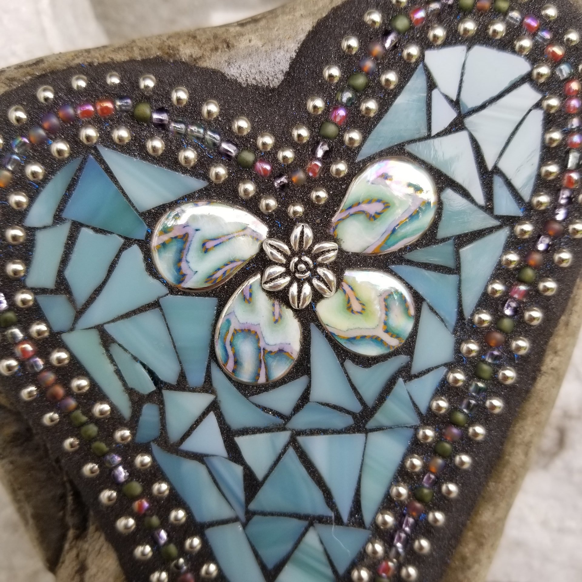 Dusty Teal Blue Mosaic Heart Garden Stone 