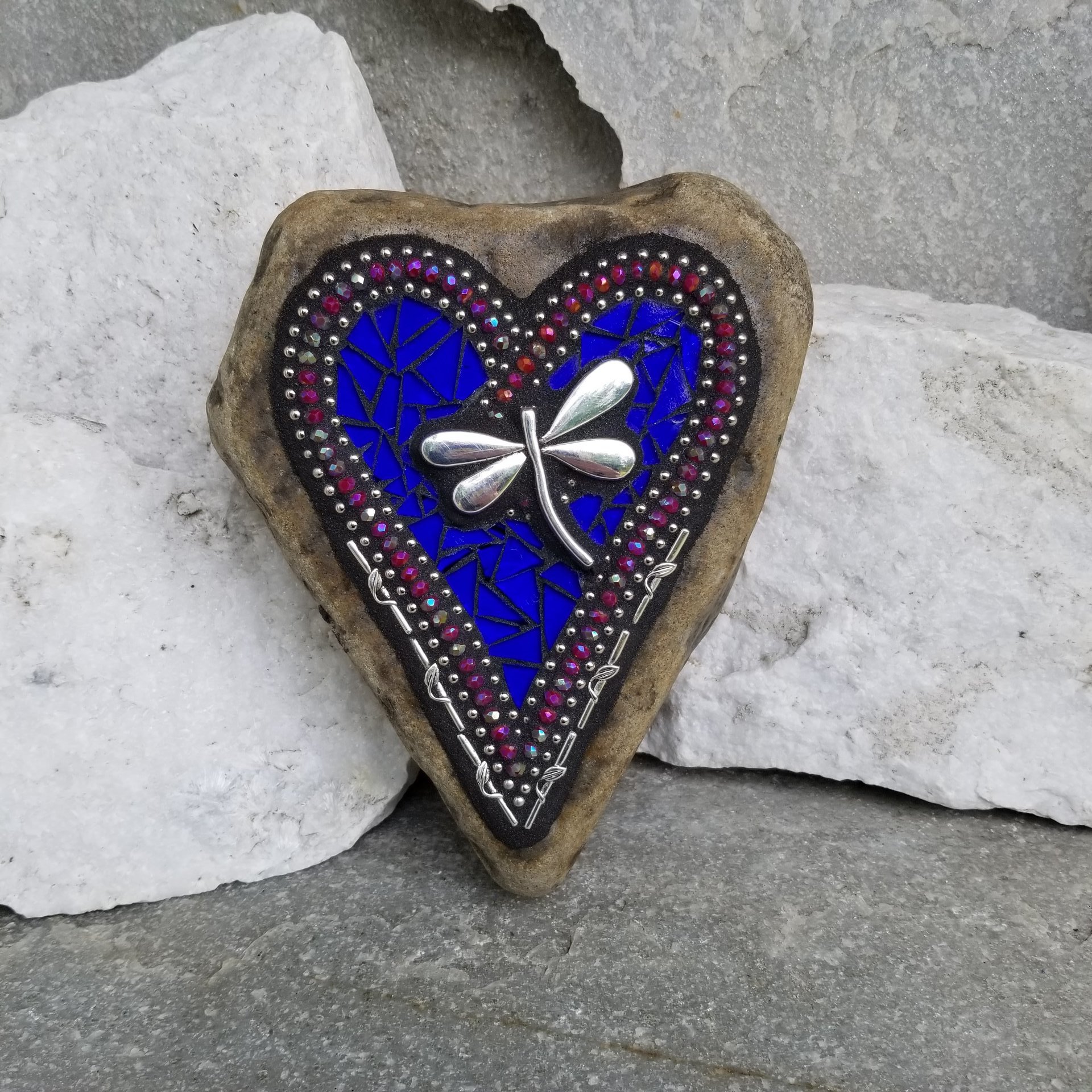 Cobalt Blue Heart, Dragonfly Mosaic / Garden Stone