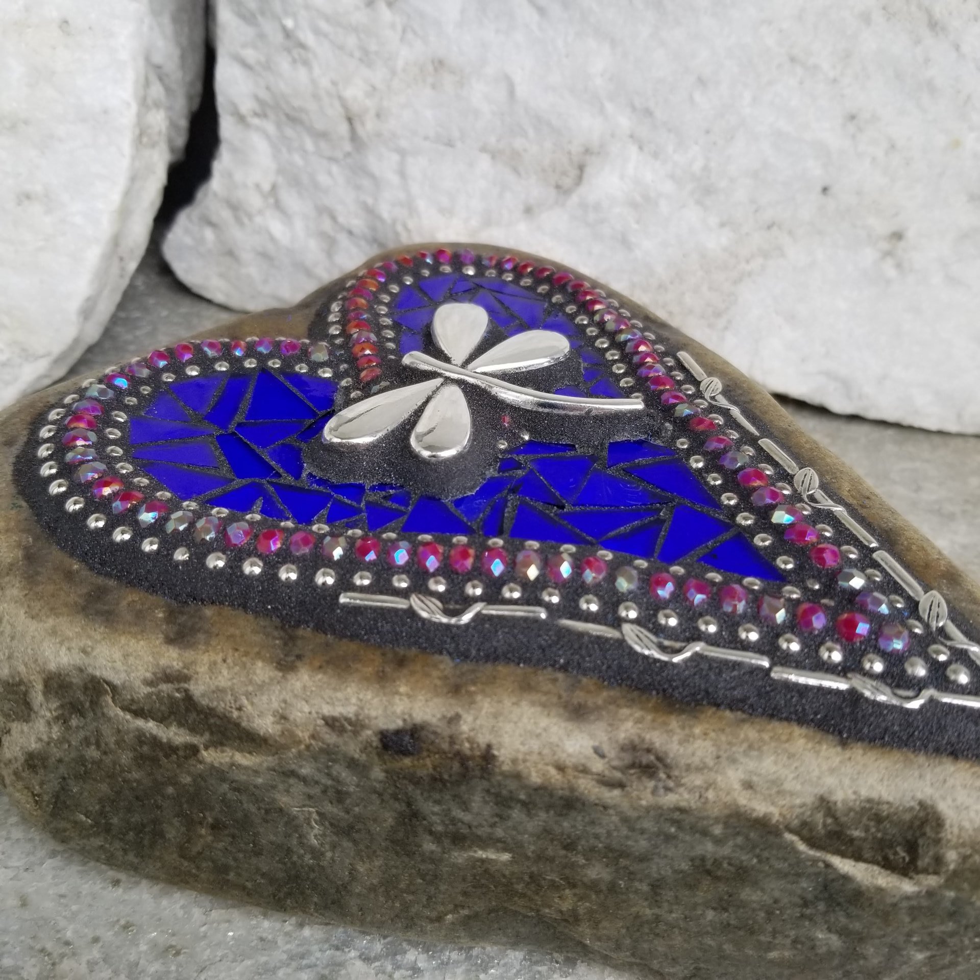 Cobalt Blue Heart, Dragonfly Mosaic / Garden Stone