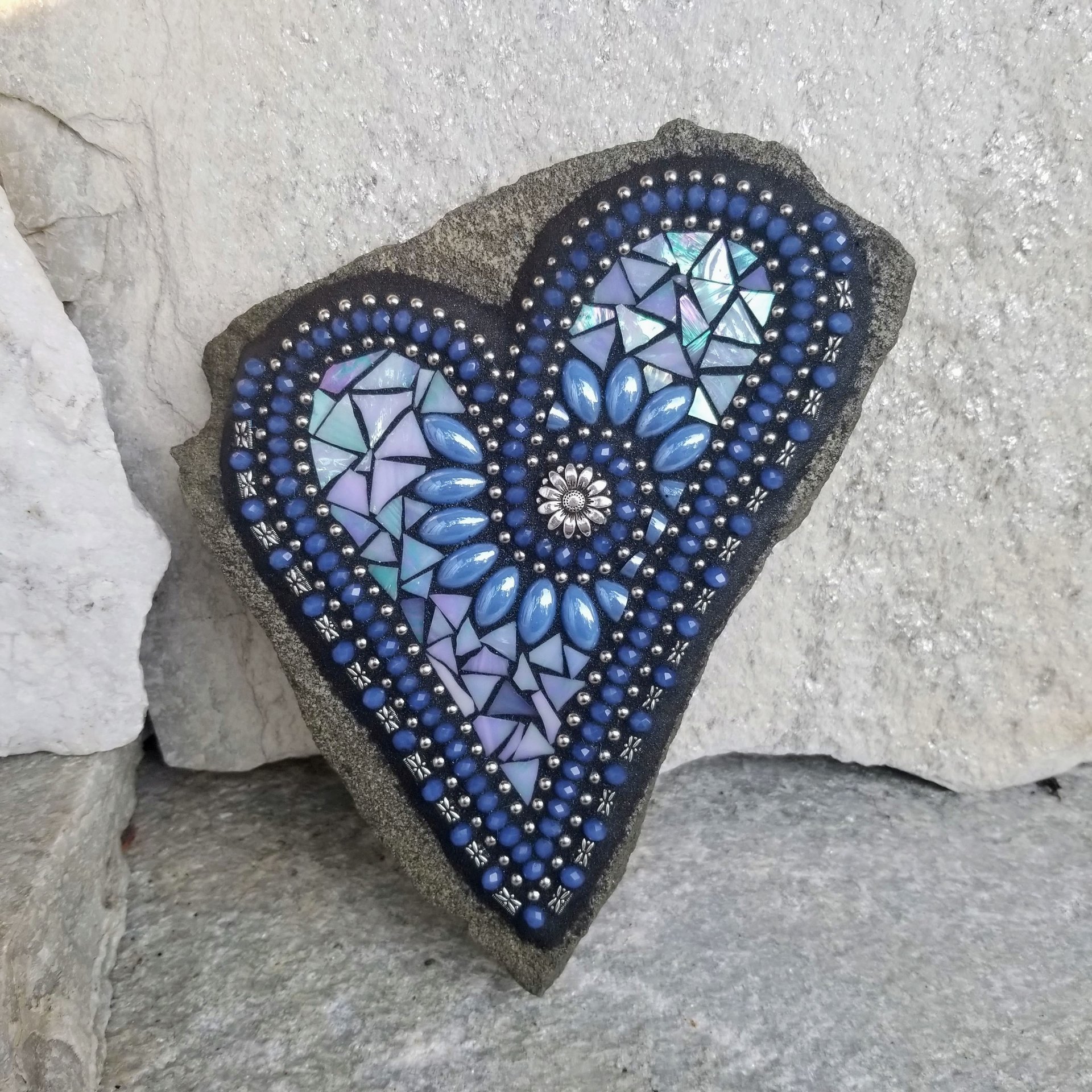 Iridescent Blue Mosaic Heart, Blue Flowers, Garden Stone, Sunflower