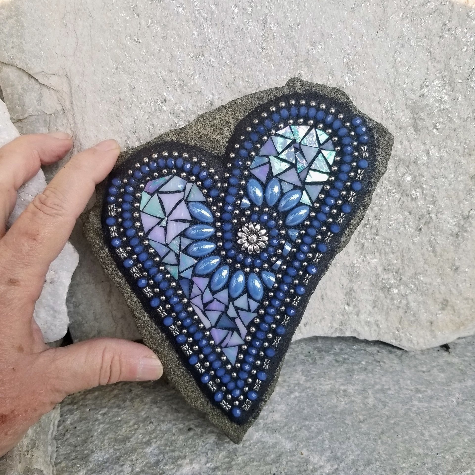 Iridescent Blue Mosaic Heart, Blue Flowers, Garden Stone, Sunflower