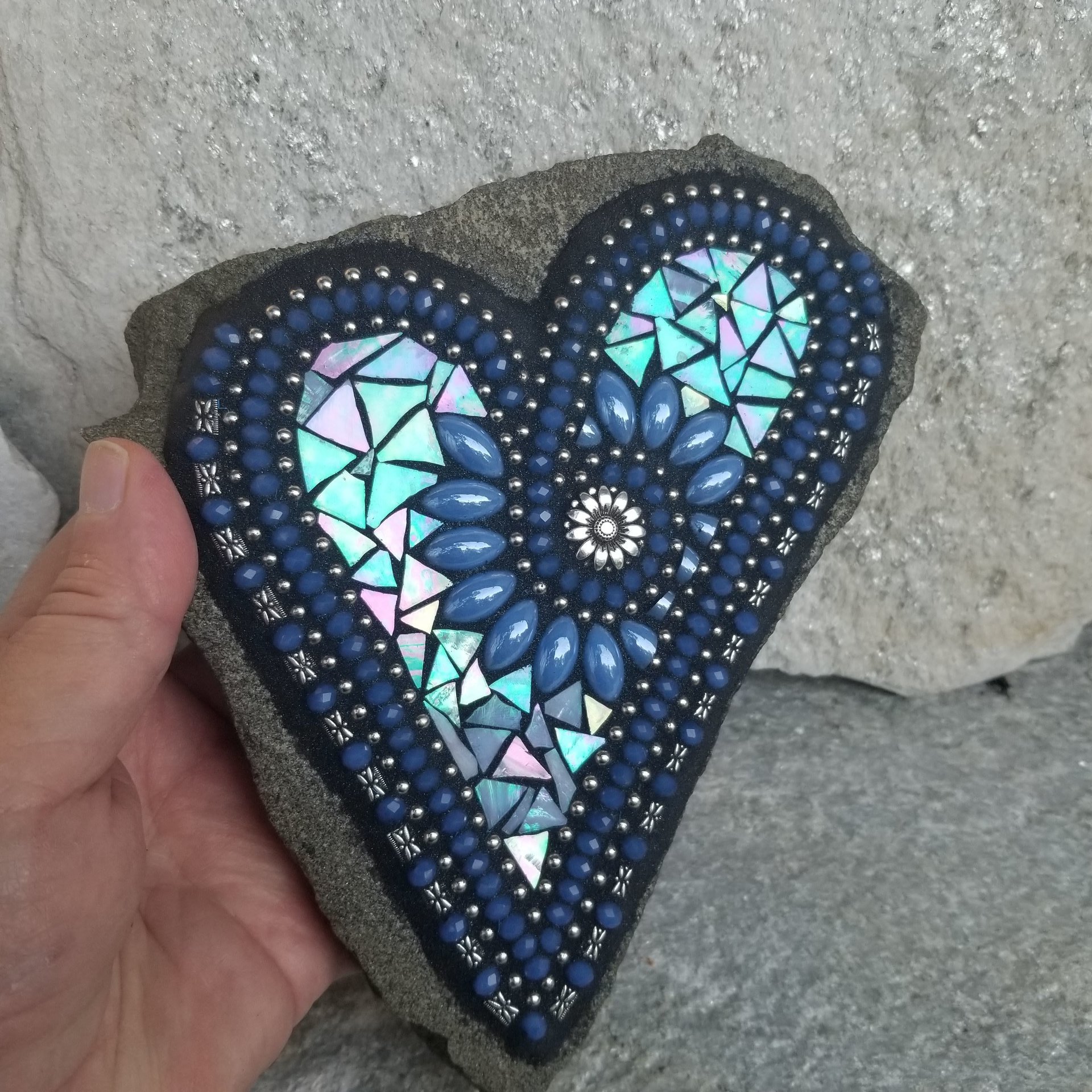 Iridescent Blue Mosaic Heart, Blue Flowers, Garden Stone, Sunflower