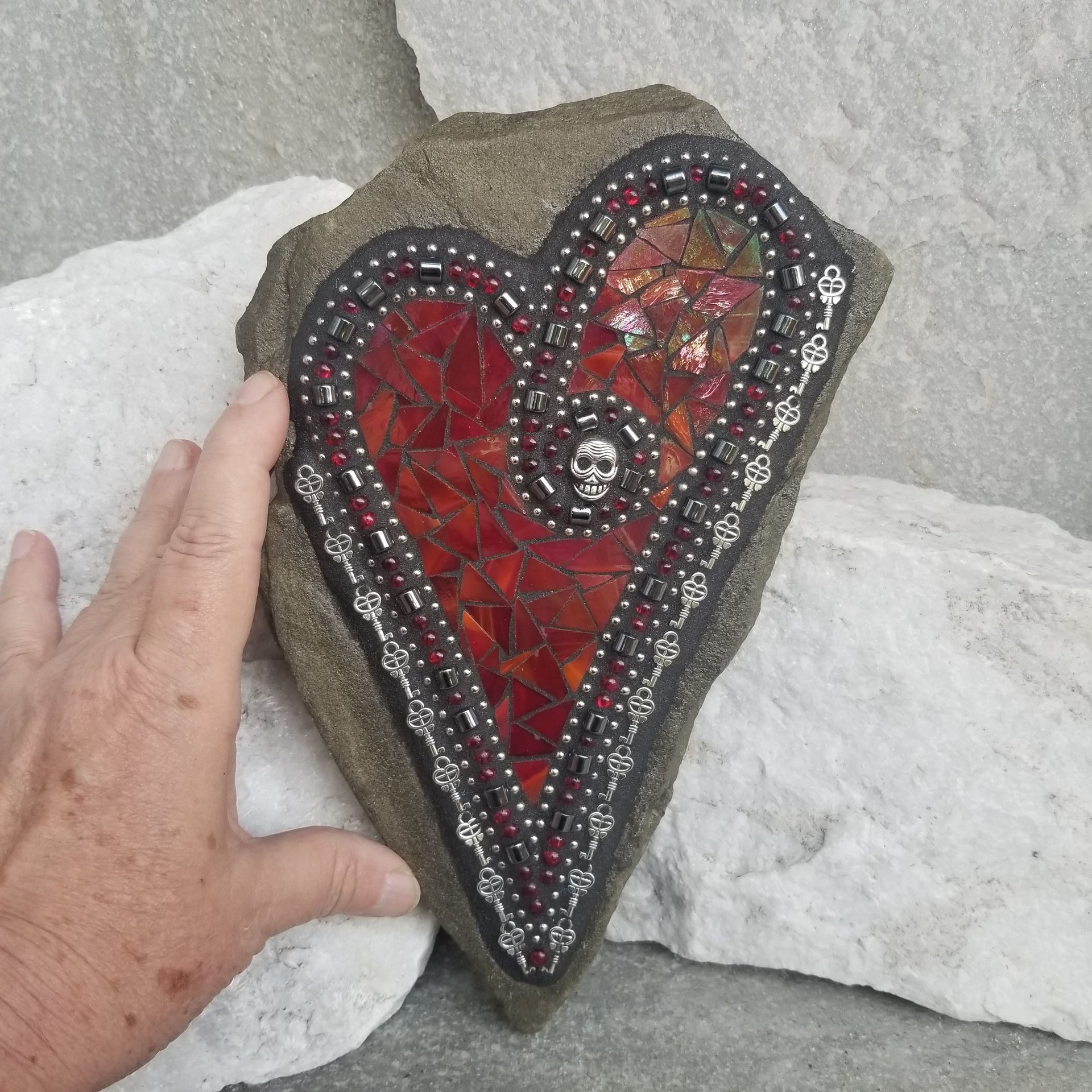 Red Heart Skull Mosaic Garden Stone