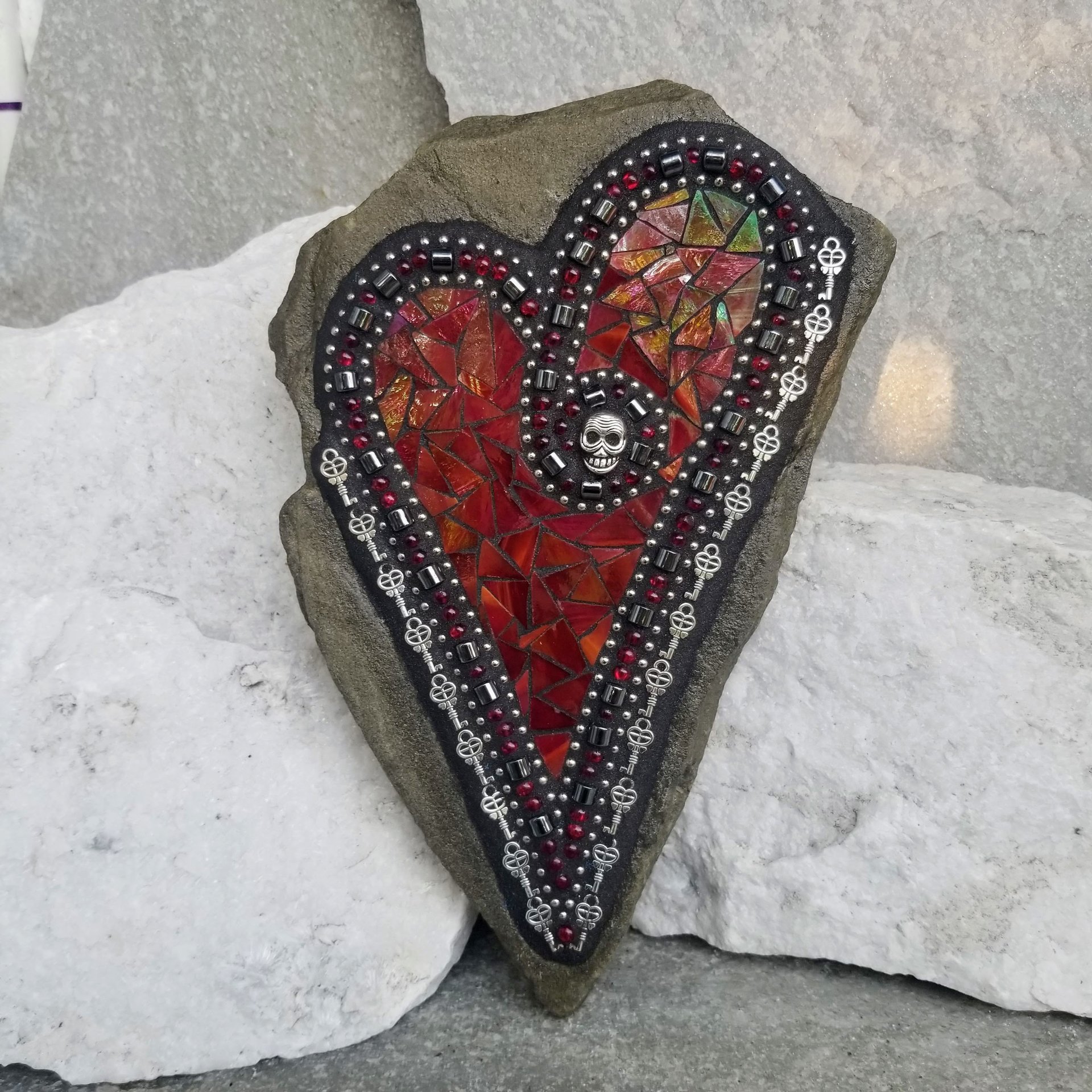 Red Heart Skull Mosaic Garden Stone