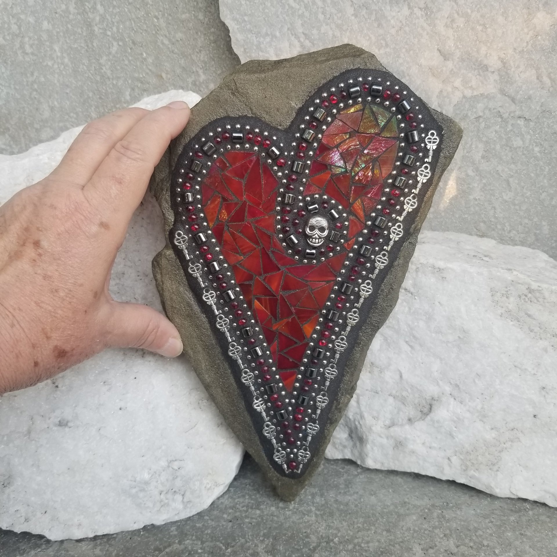 Red Heart Skull Mosaic Garden Stone