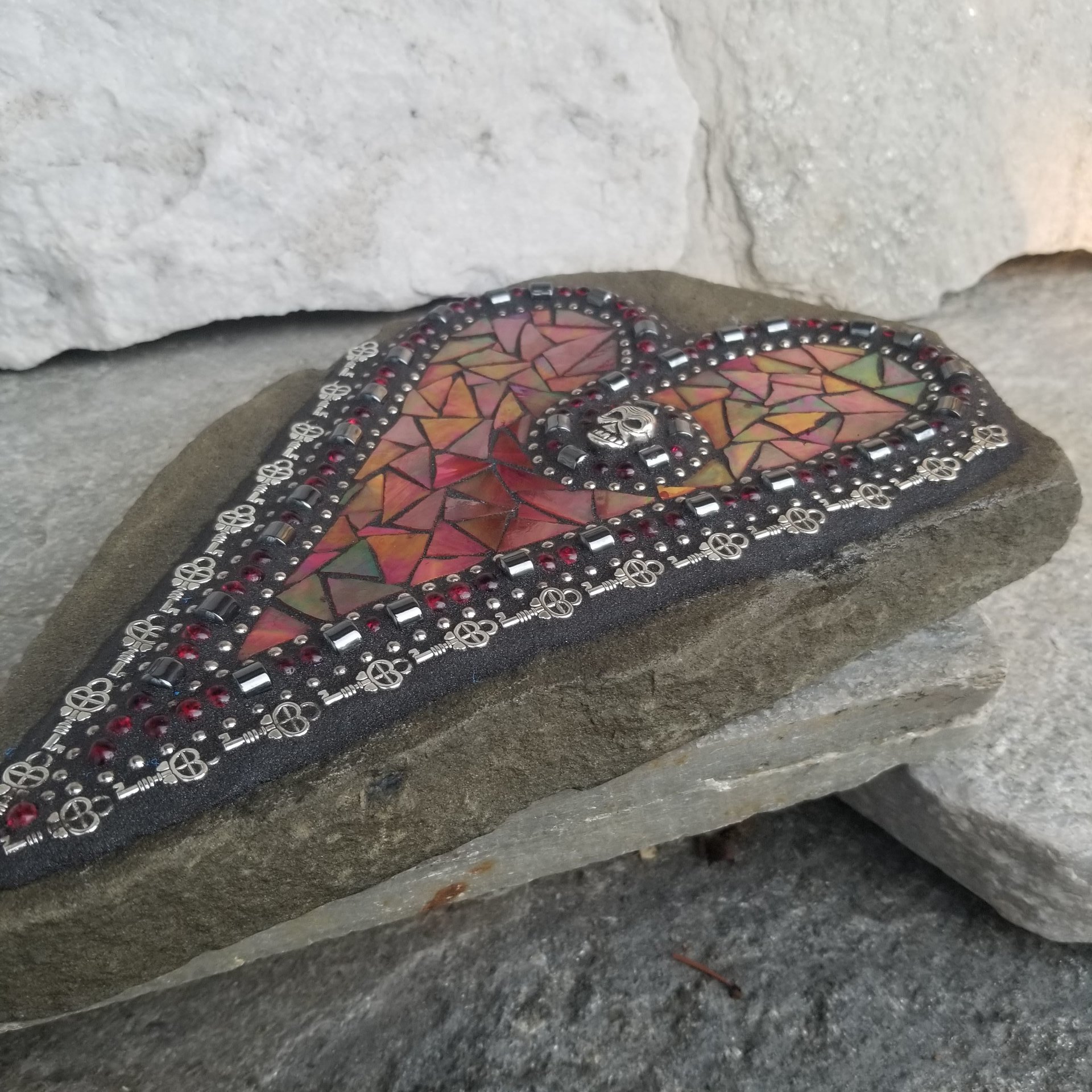 Red Heart Skull Mosaic Garden Stone