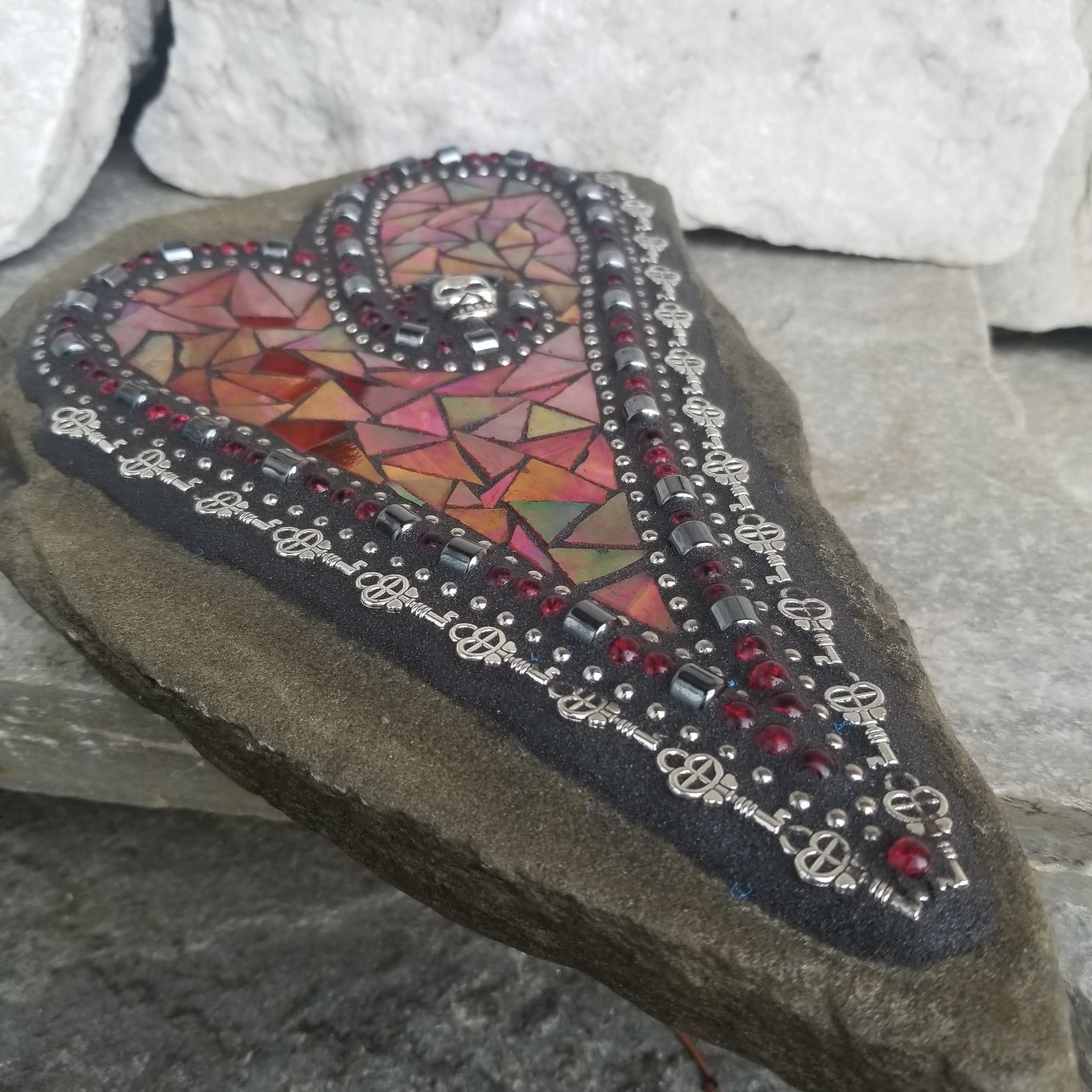 Red Heart Skull Mosaic Garden Stone