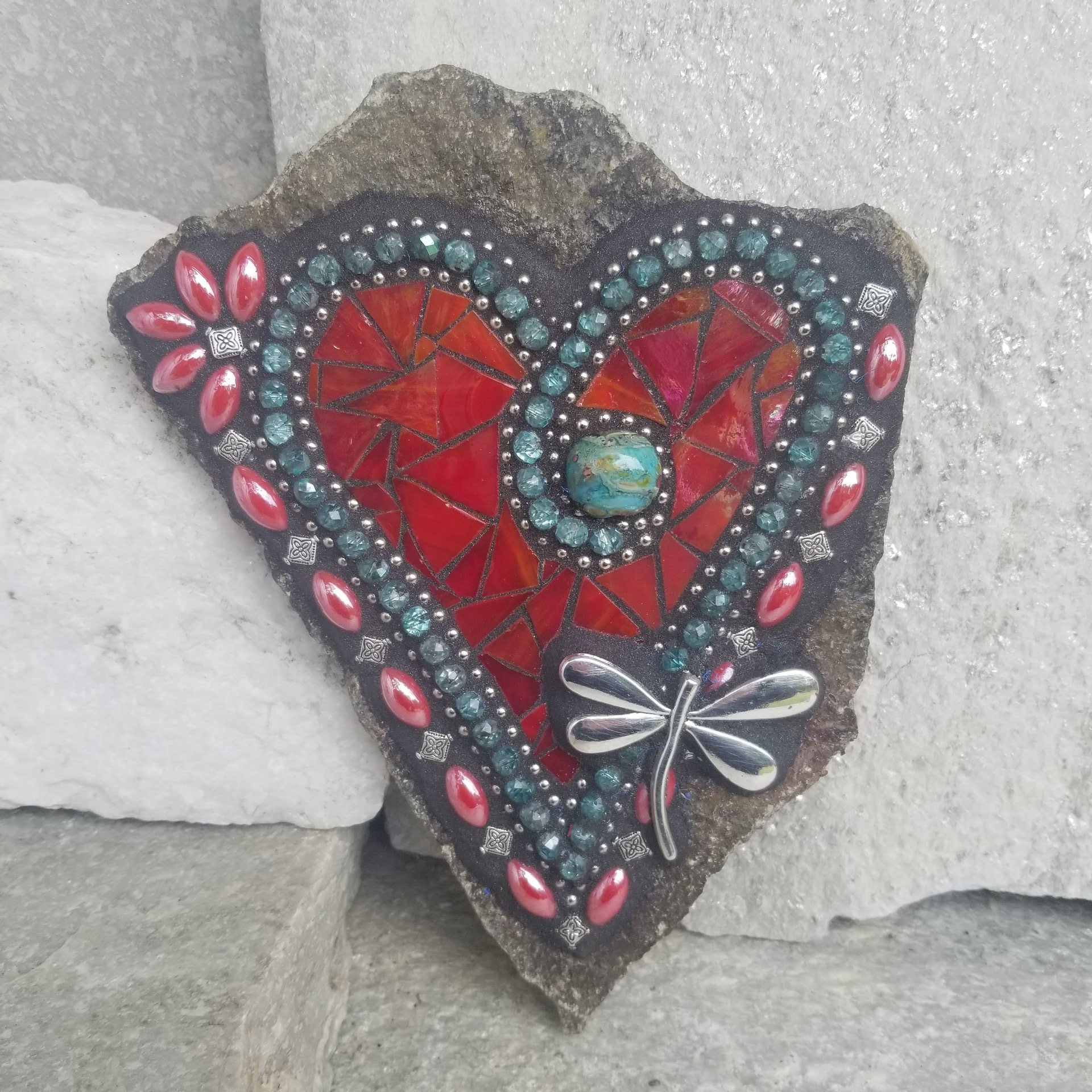 Iridescent Red Mosaic Heart Garden Stone with Dragonfly  