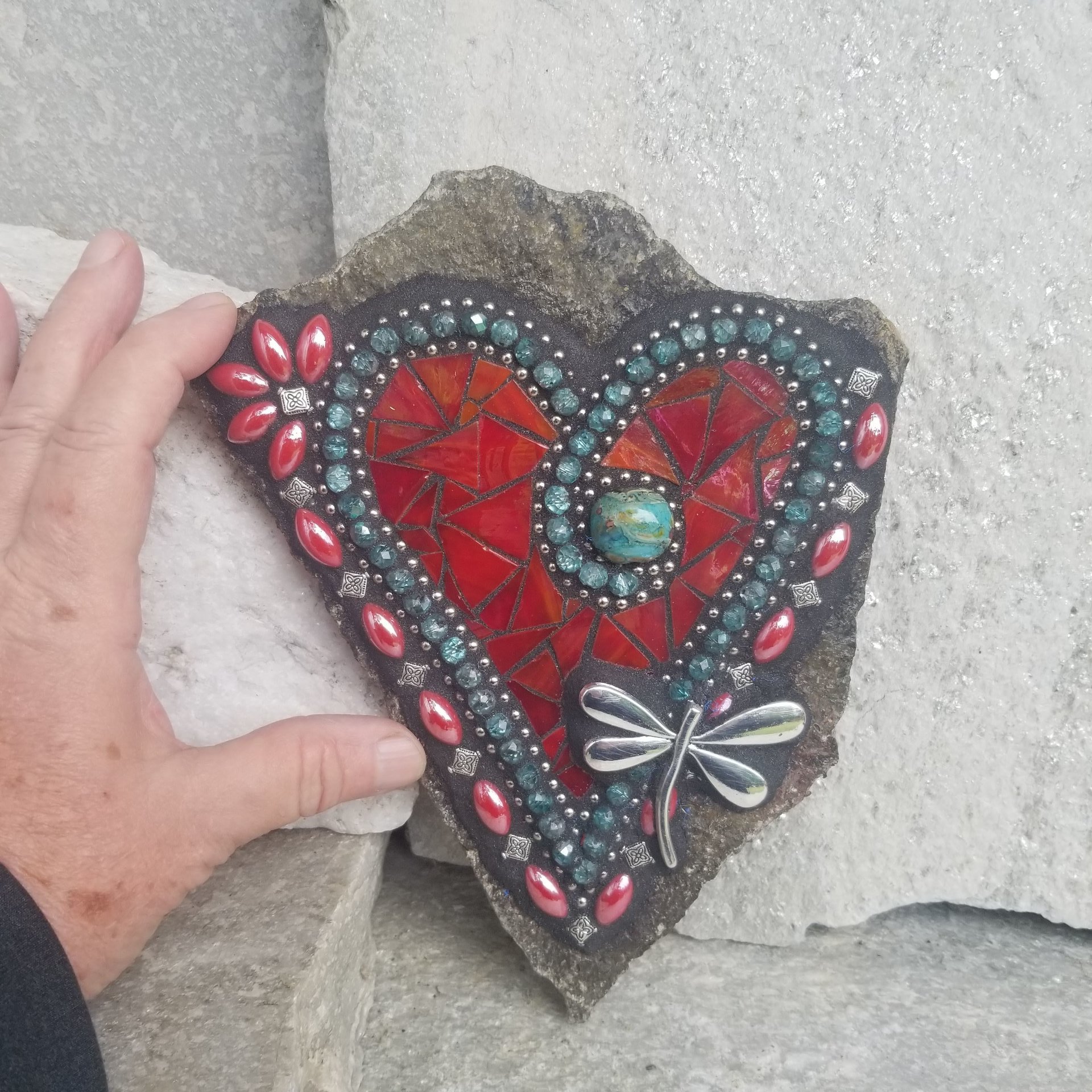 Iridescent Red Mosaic Heart Garden Stone with Dragonfly  