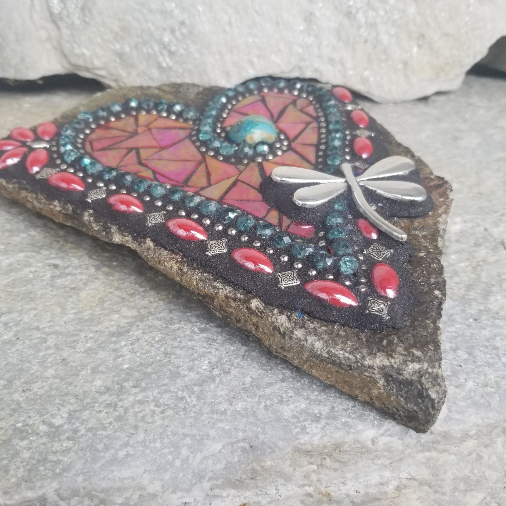 Iridescent Red Mosaic Heart Garden Stone with Dragonfly  