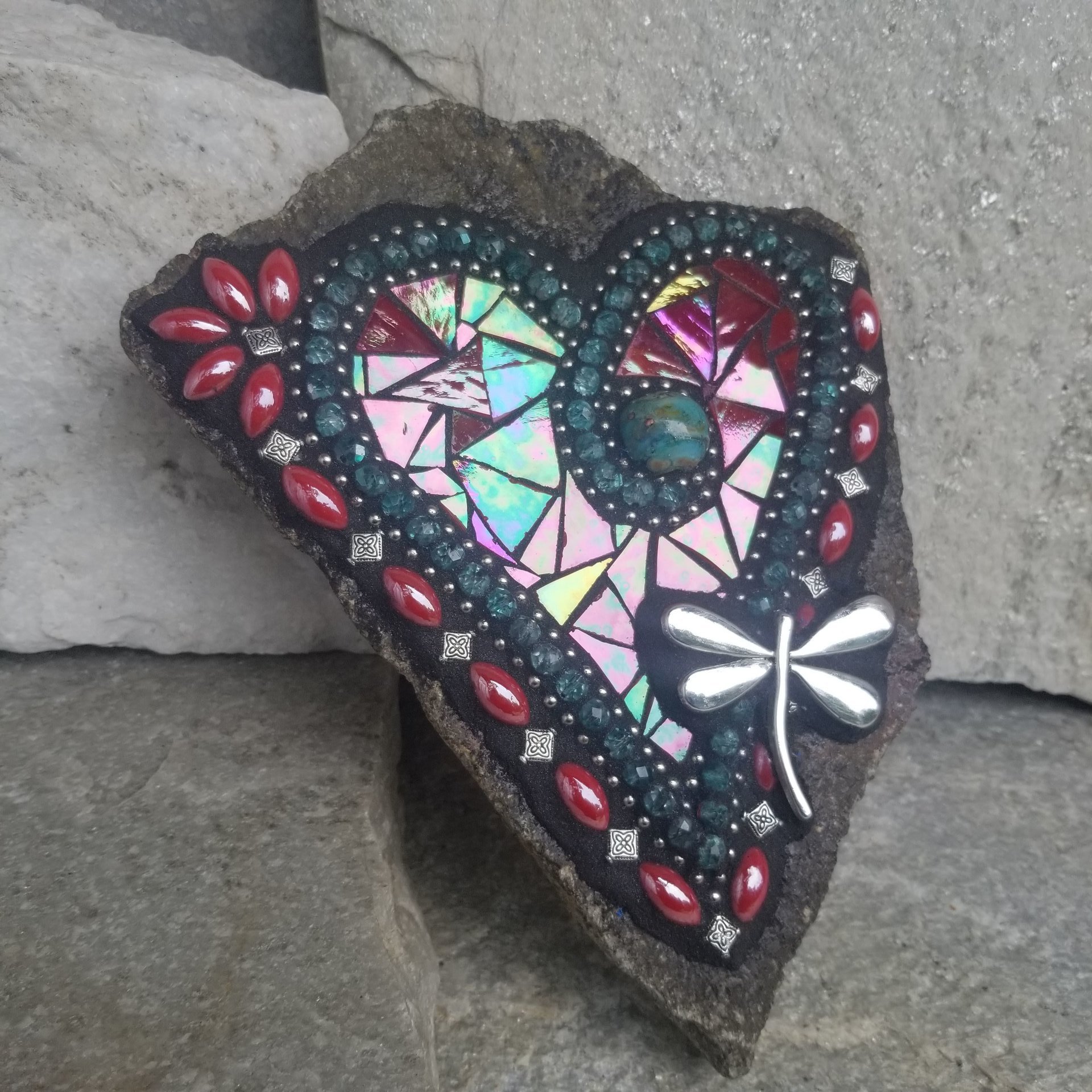 Iridescent Red Mosaic Heart Garden Stone with Dragonfly  