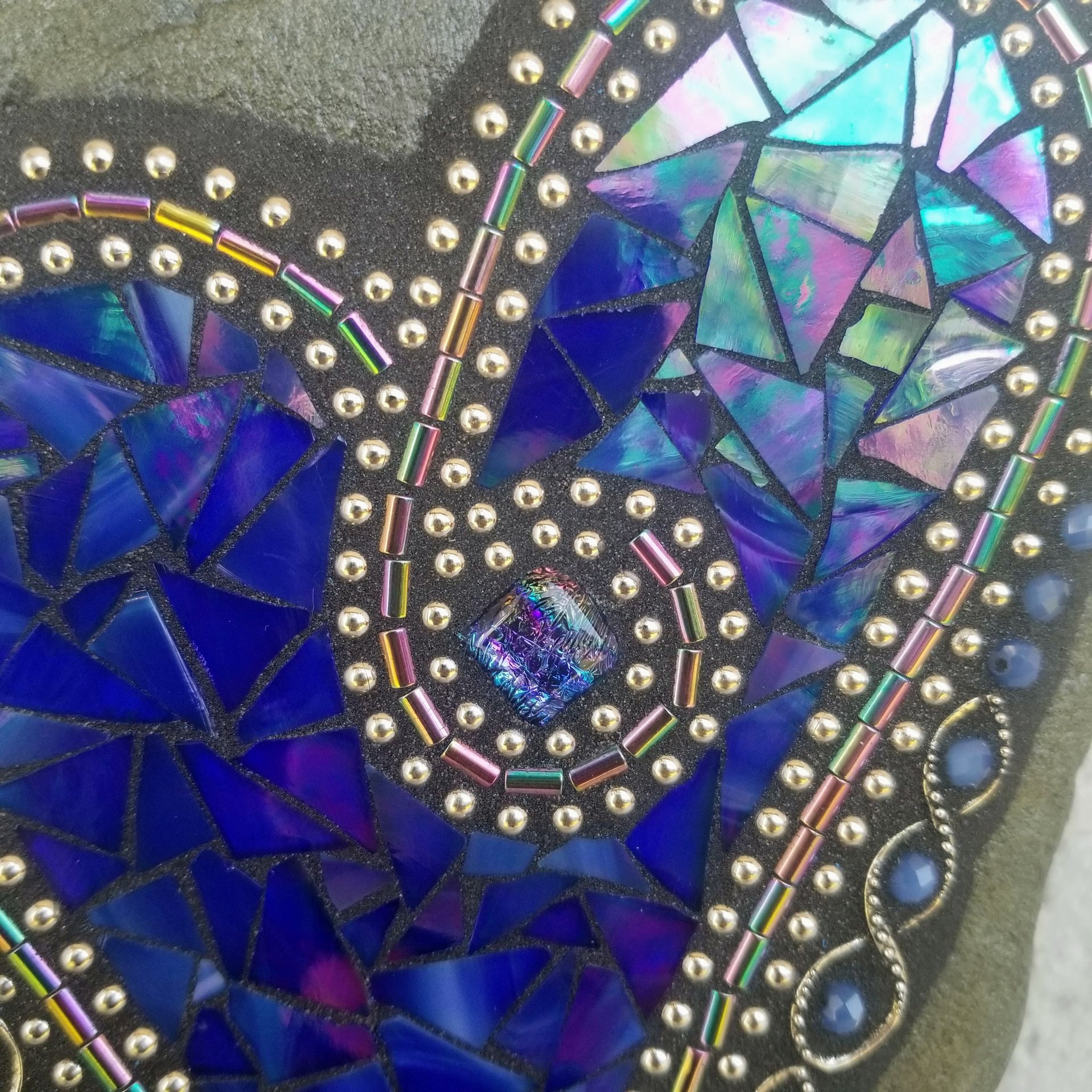 Iridescent Dark Blue Mosaic Heart Garden Stone  