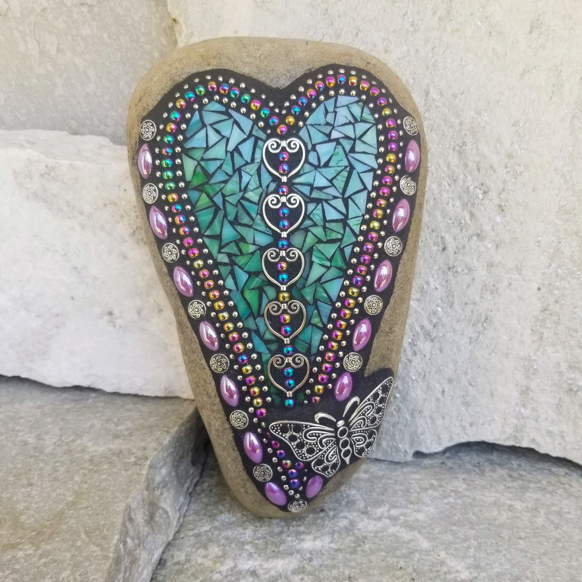 Teal Mosaic Heart Garden Stone, Butterfly