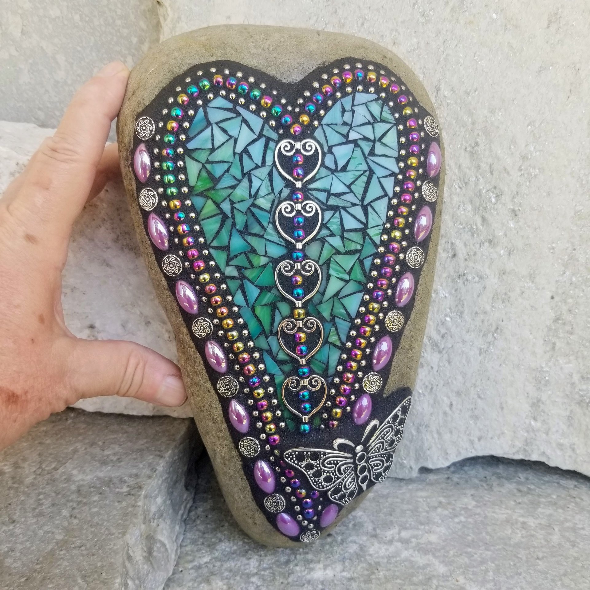 Teal Mosaic Heart Garden Stone, Butterfly