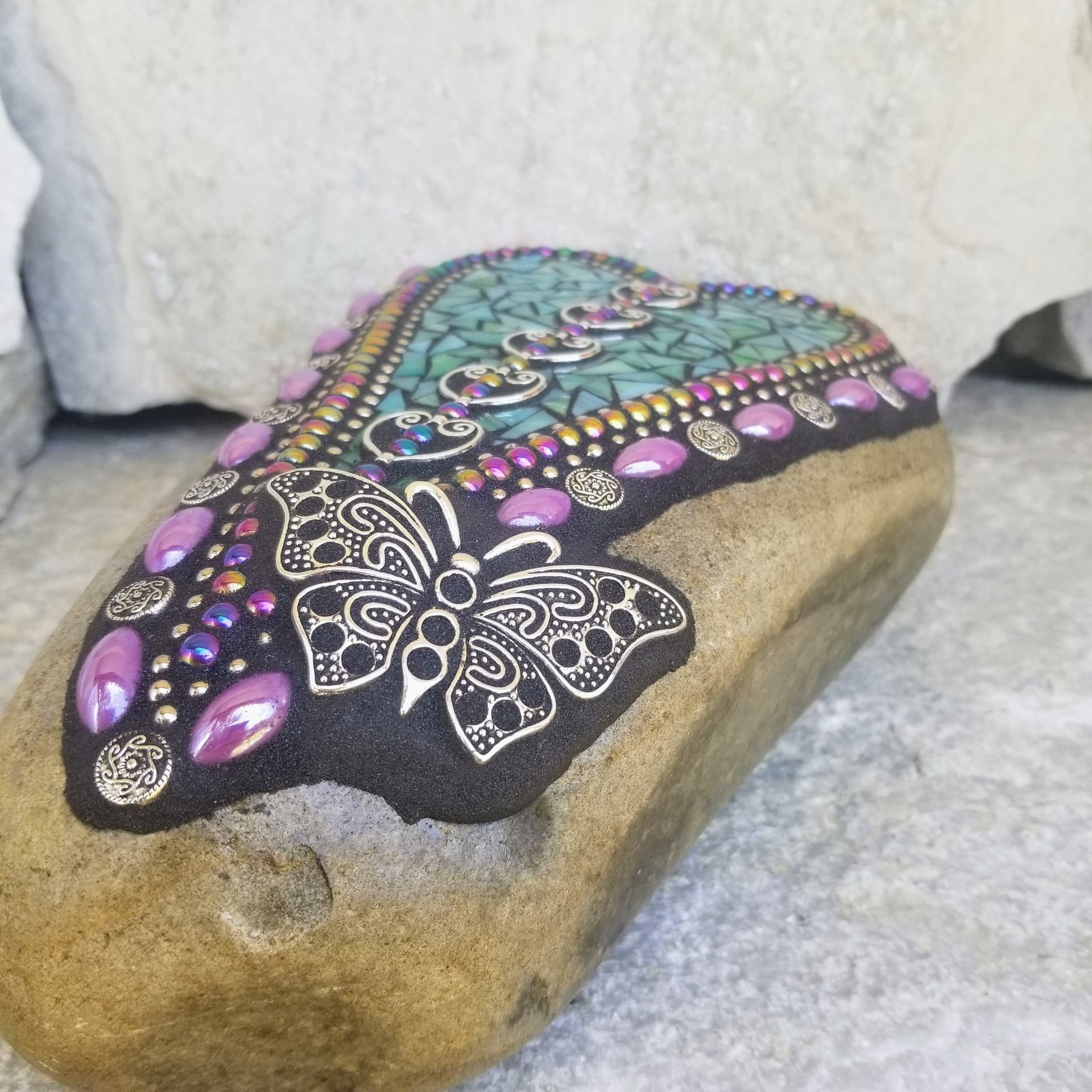 Teal Mosaic Heart Garden Stone, Butterfly