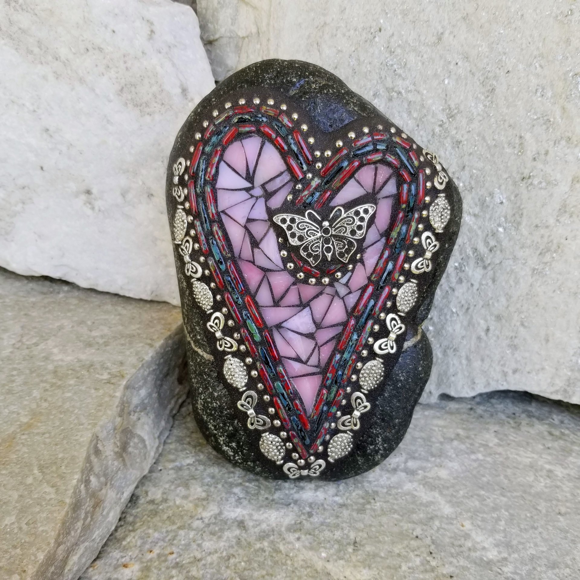 Pink Heart with Butterflies Mosaic Garden Stone